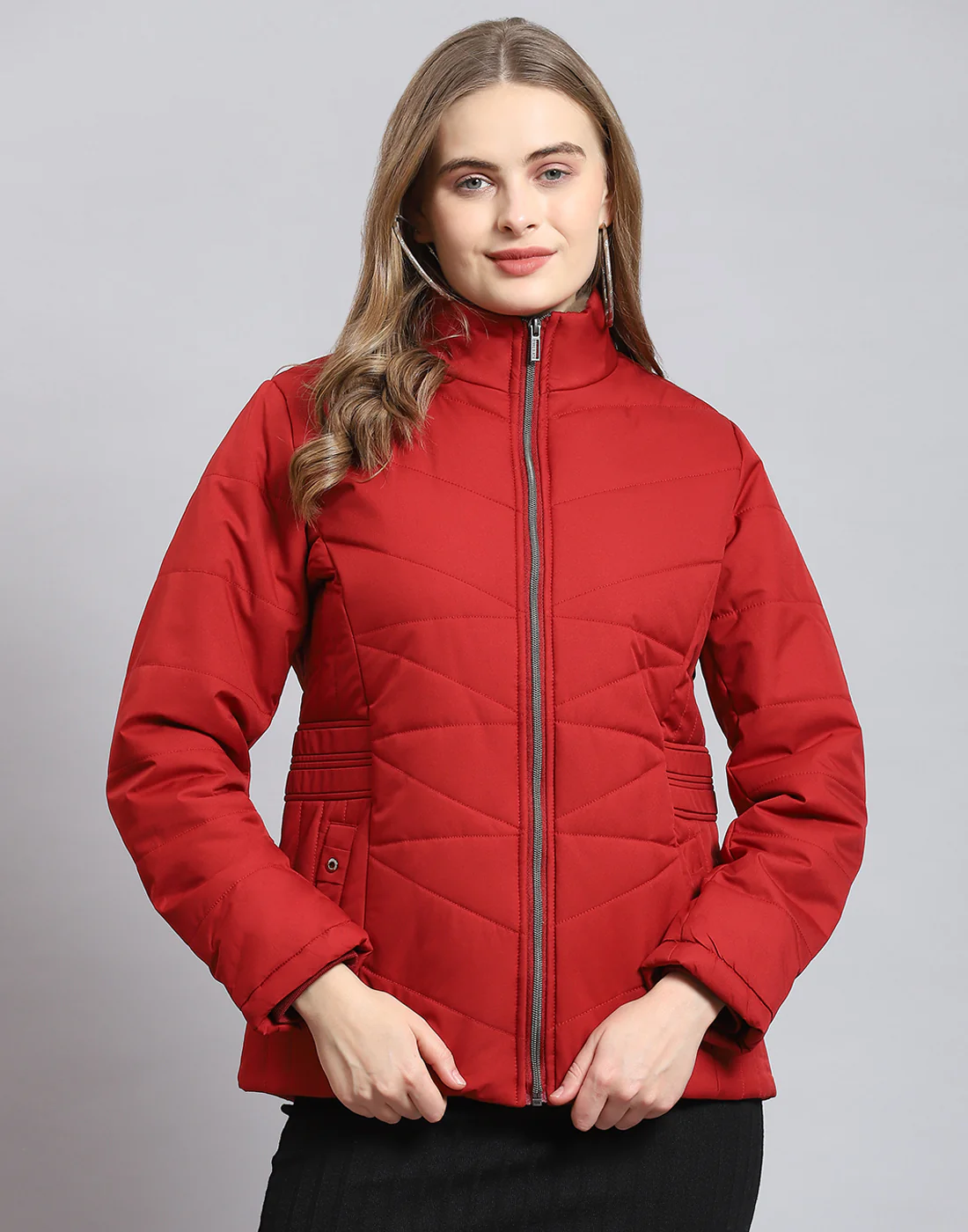 Women Red Solid Stand Collar Full Sleeve Jacket - Image 2