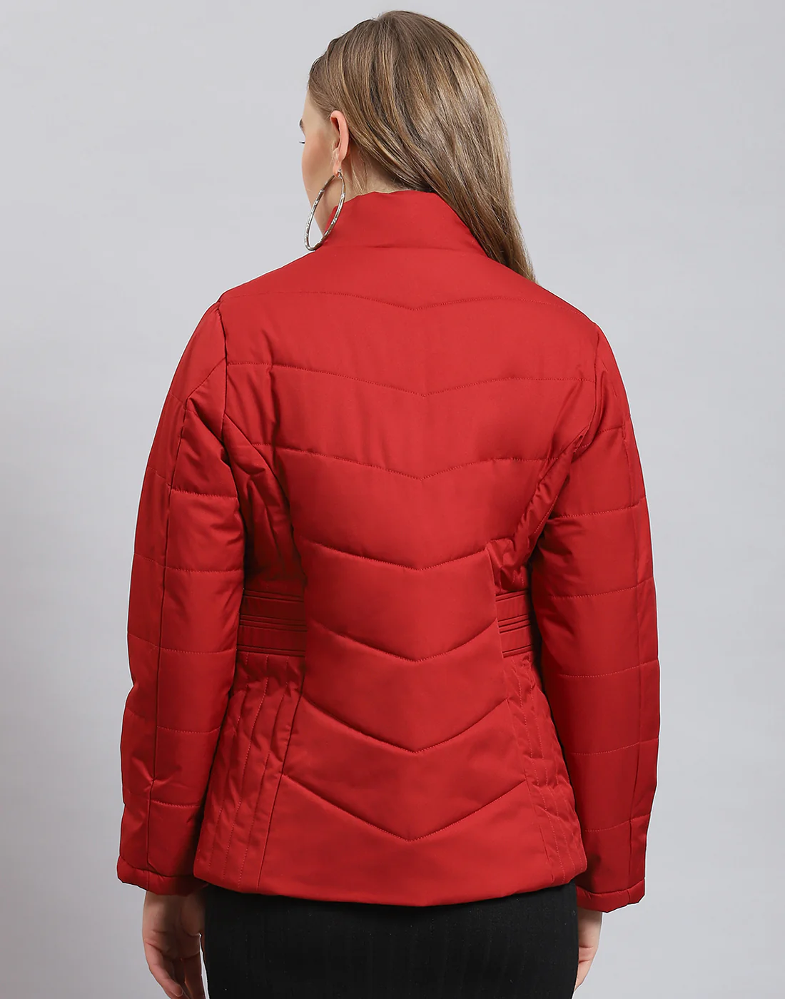 Women Red Solid Stand Collar Full Sleeve Jacket - Image 5
