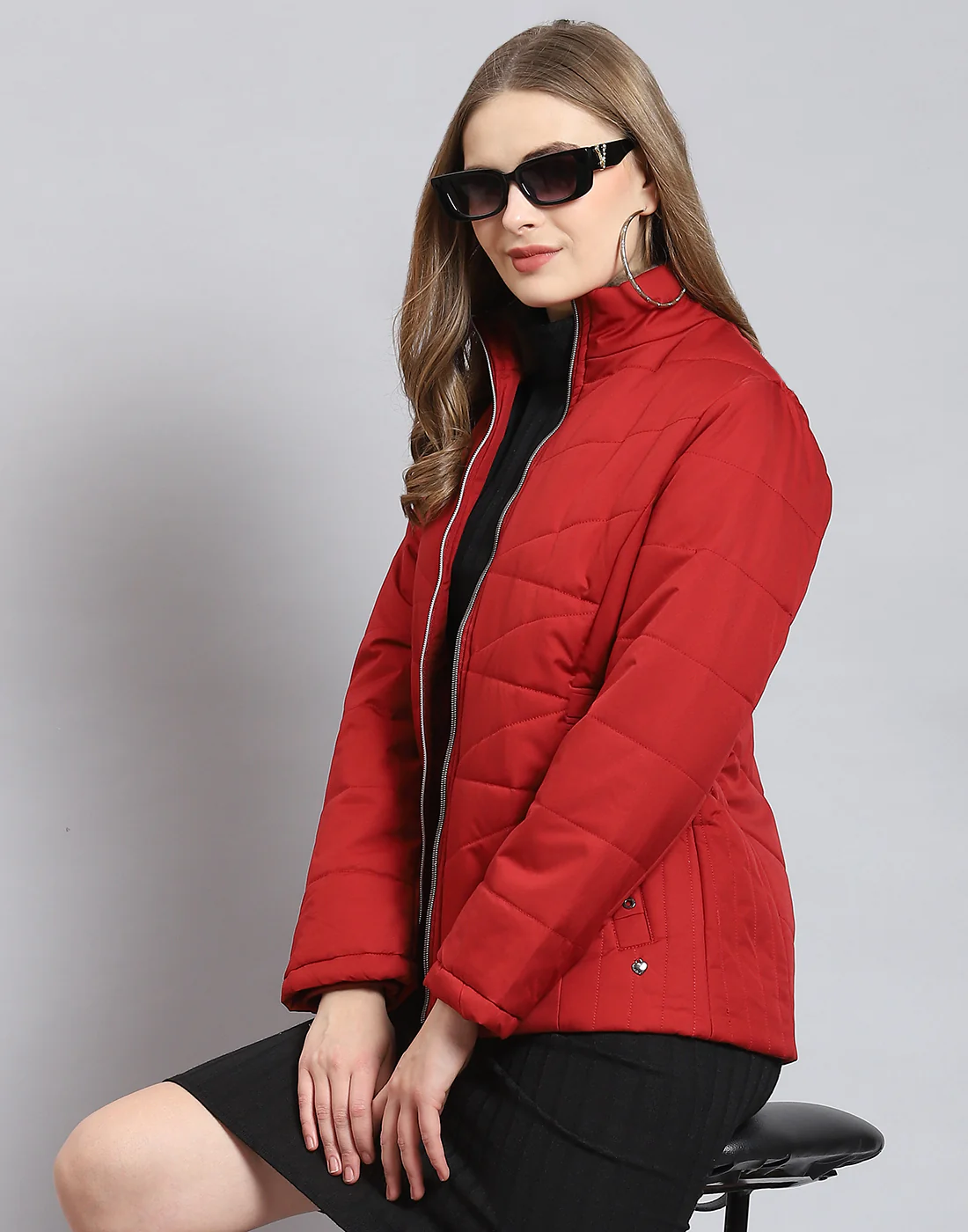 Women Red Solid Stand Collar Full Sleeve Jacket - Image 6