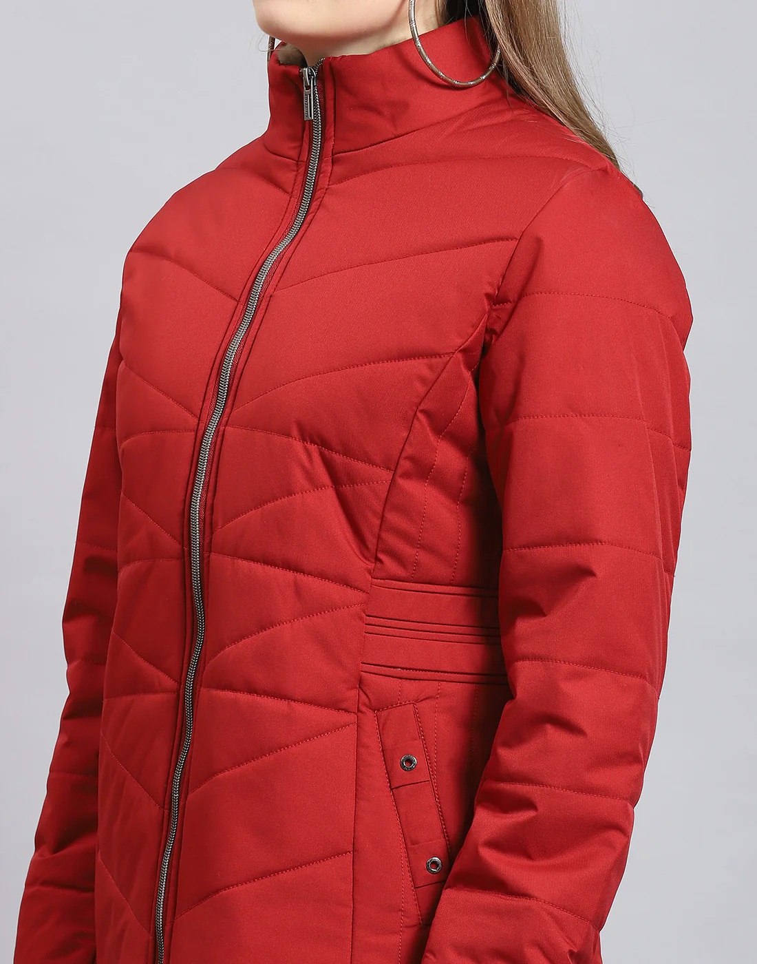 Women Red Solid Stand Collar Full Sleeve Jacket - Image 7