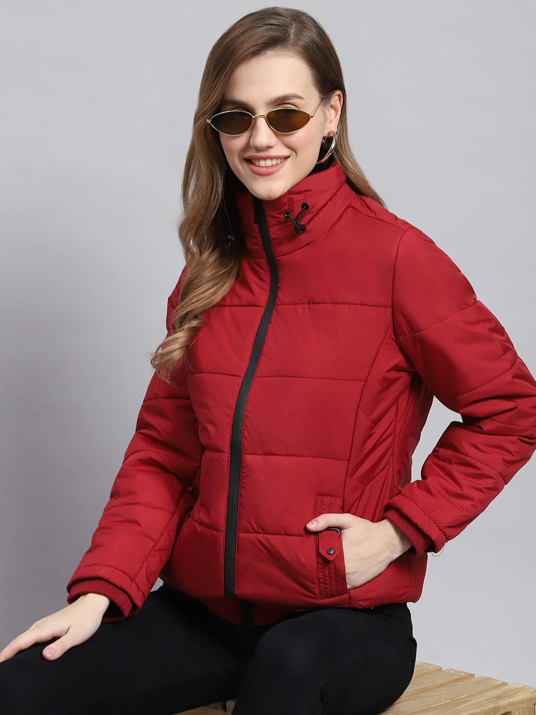 Women Red Solid Stand Collar Full Sleeve Jackets - Image 2