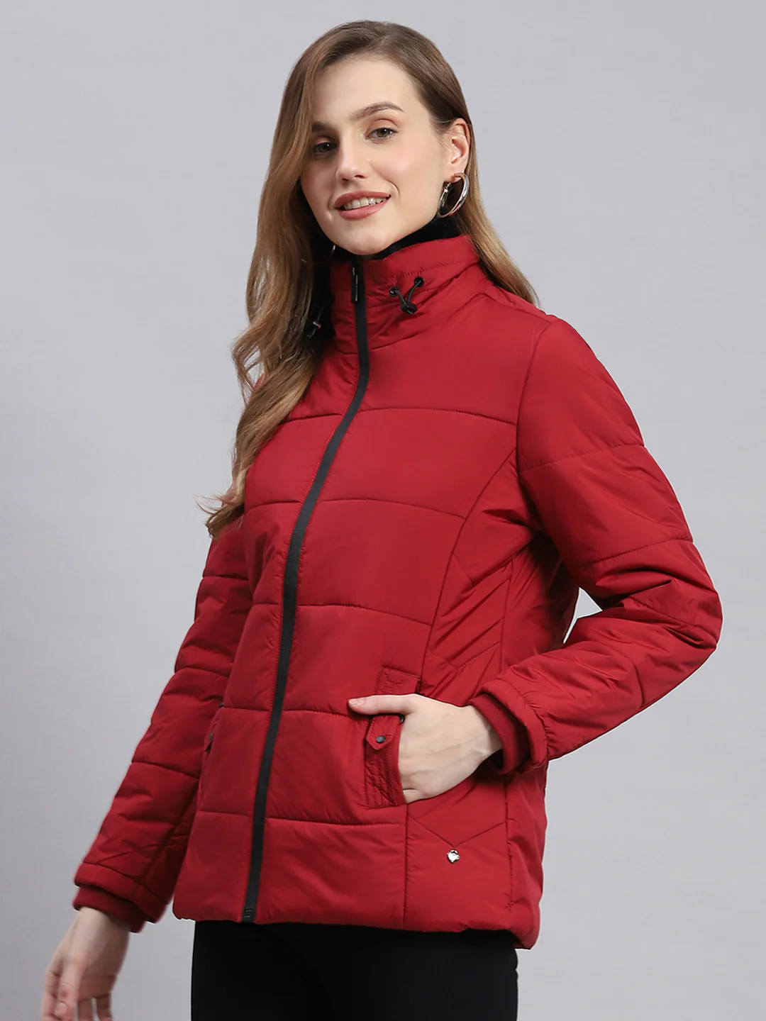 Women Red Solid Stand Collar Full Sleeve Jackets - Image 5