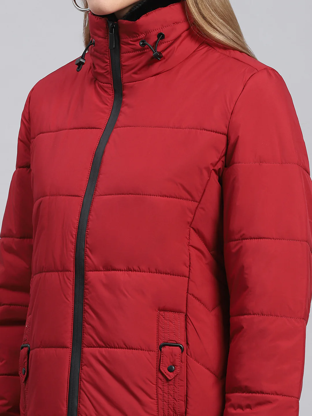 Women Red Solid Stand Collar Full Sleeve Jackets - Image 7