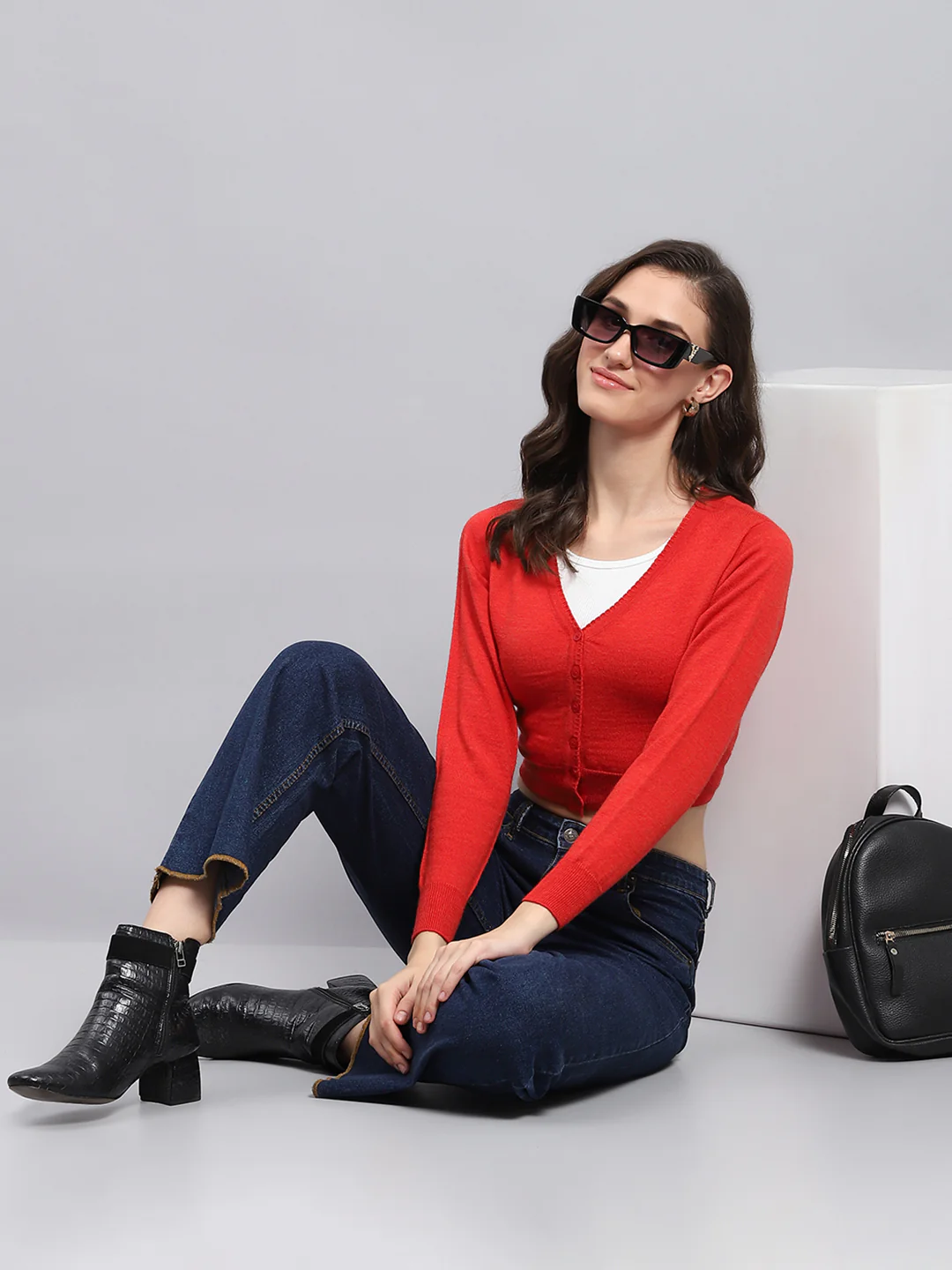 Women Red Solid V Neck Full Sleeve Blouse - Image 2