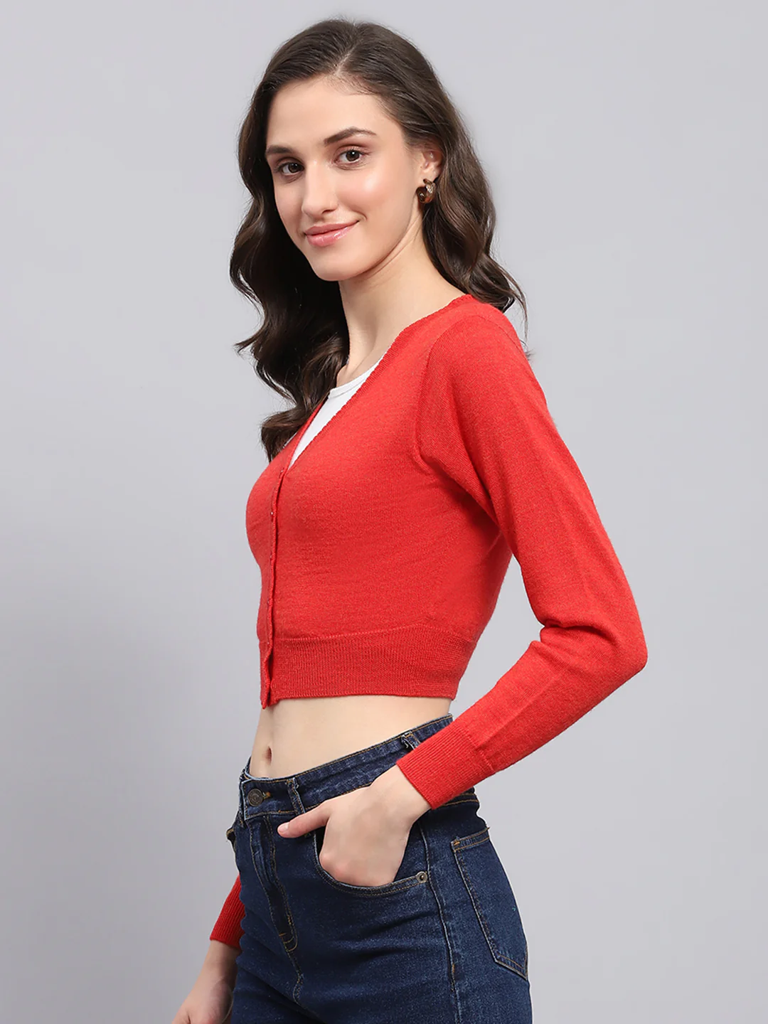 Women Red Solid V Neck Full Sleeve Blouse - Image 3