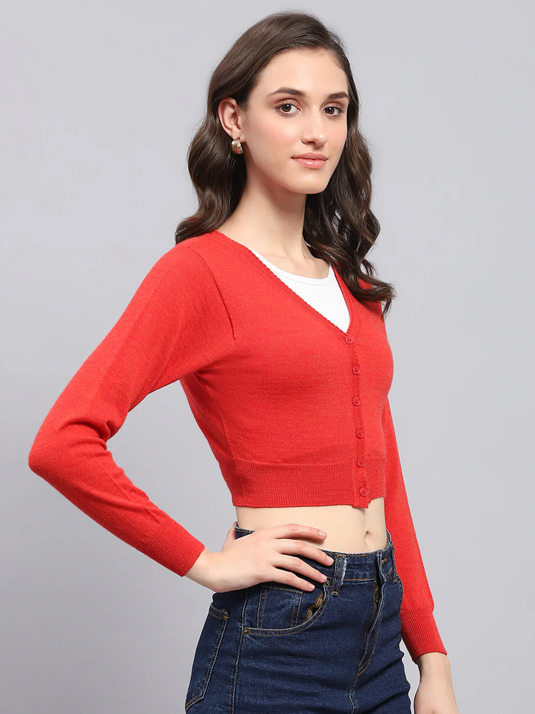 Women Red Solid V Neck Full Sleeve Blouse - Image 4