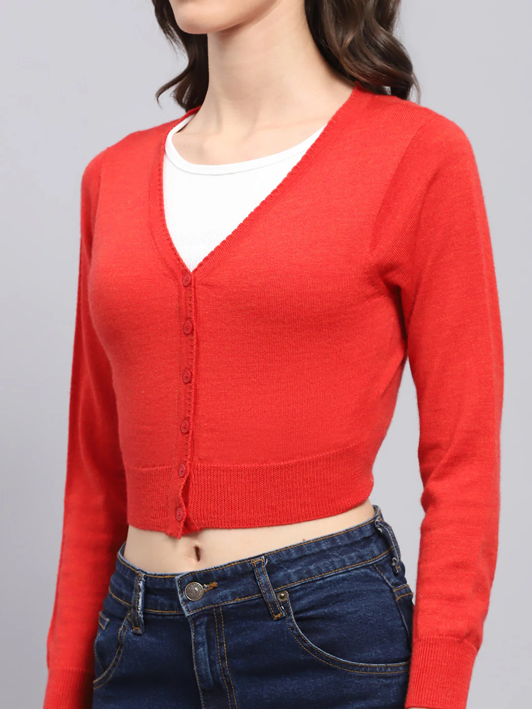 Women Red Solid V Neck Full Sleeve Blouse - Image 7