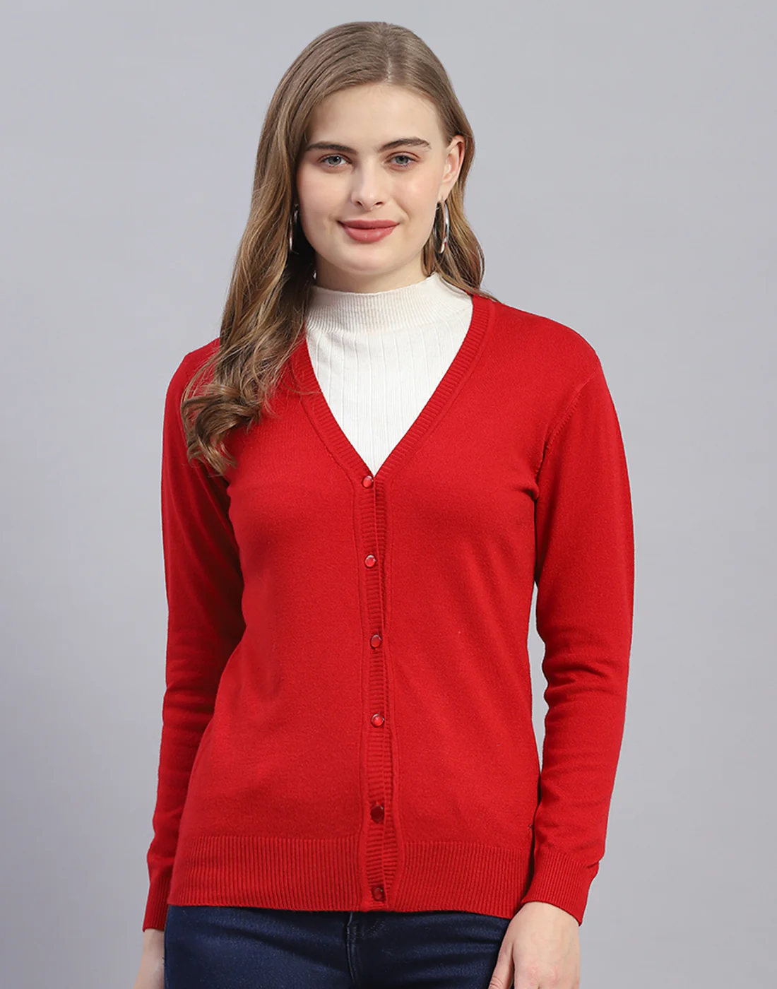 Women Red Solid V Neck Full Sleeve Cardigan - Image 2