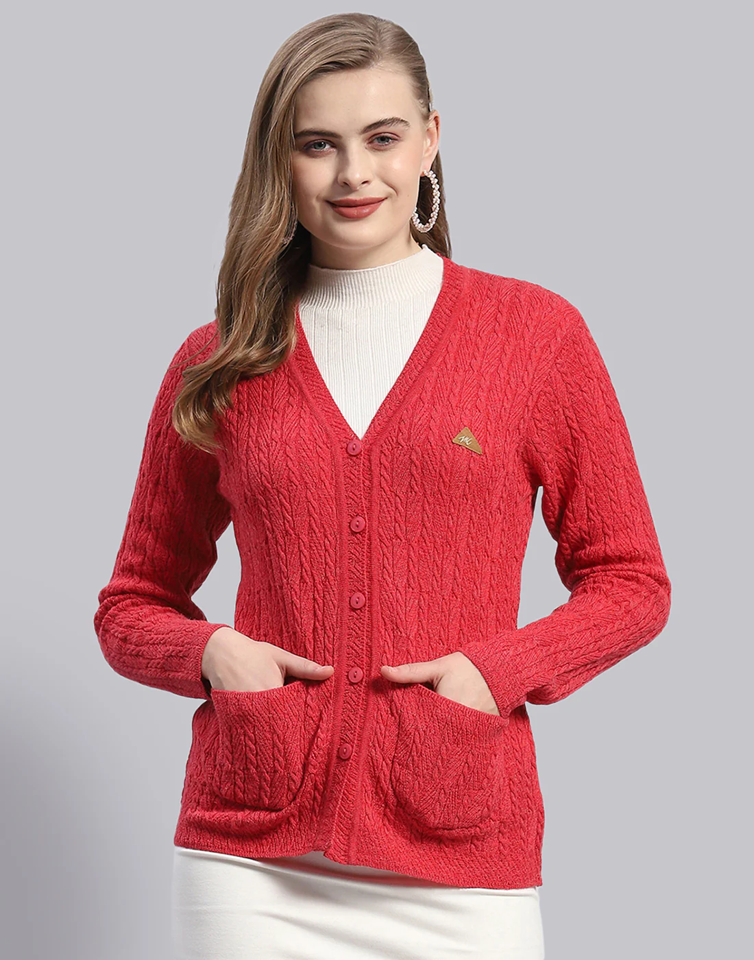 Women Red Solid V Neck Full Sleeve Cardigan - Image 2