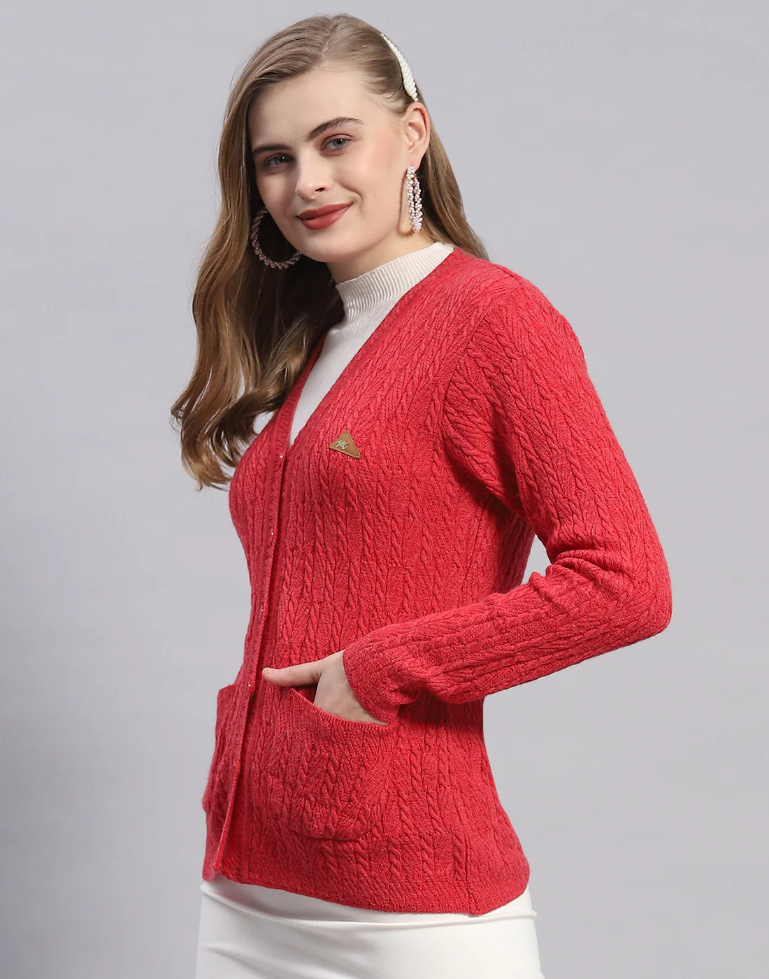 Women Red Solid V Neck Full Sleeve Cardigan - Image 3
