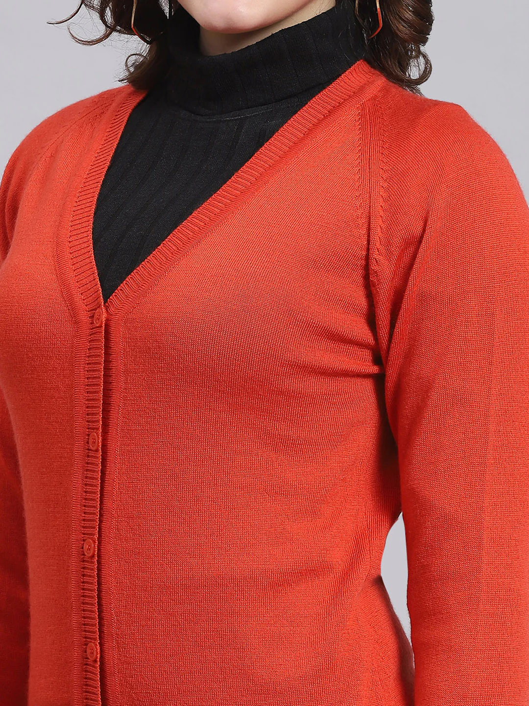 Women Red Solid V Neck Full Sleeve Cardigan - Image 6