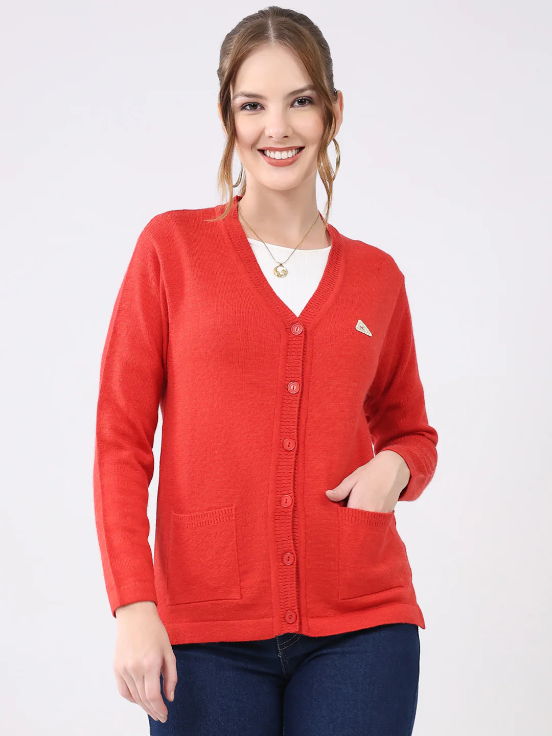Women Red Solid V Neck Full Sleeve Cardigan