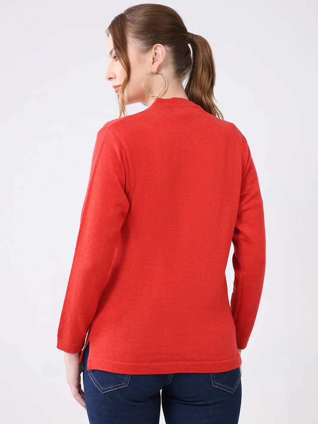 Women Red Solid V Neck Full Sleeve Cardigan - Image 5