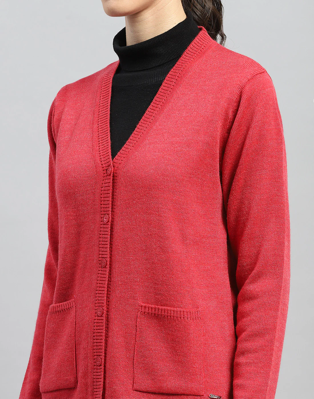 Women Red Solid V Neck Full Sleeve Cardigan - Image 7