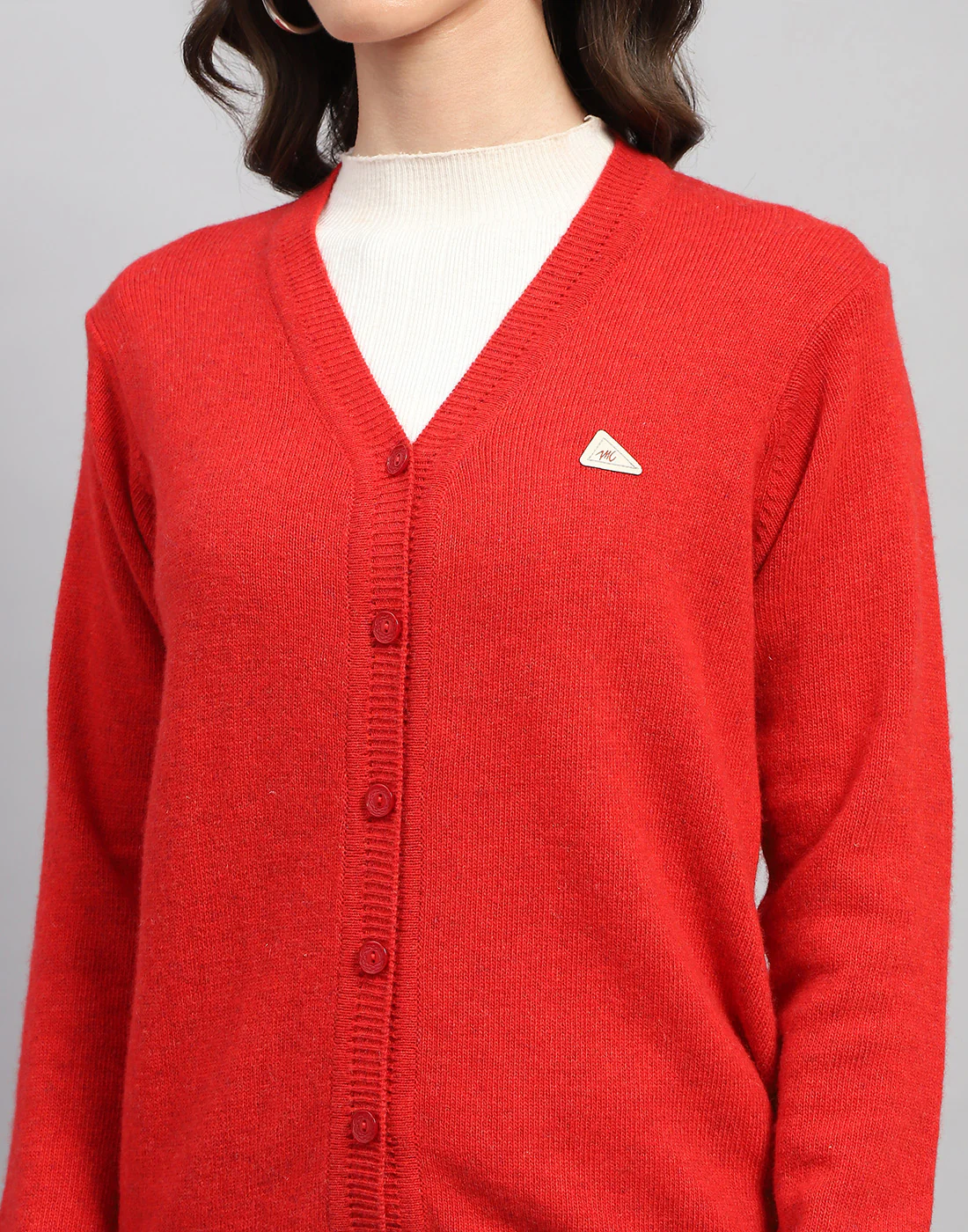 Women Red Solid V Neck Full Sleeve Cardigan - Image 6