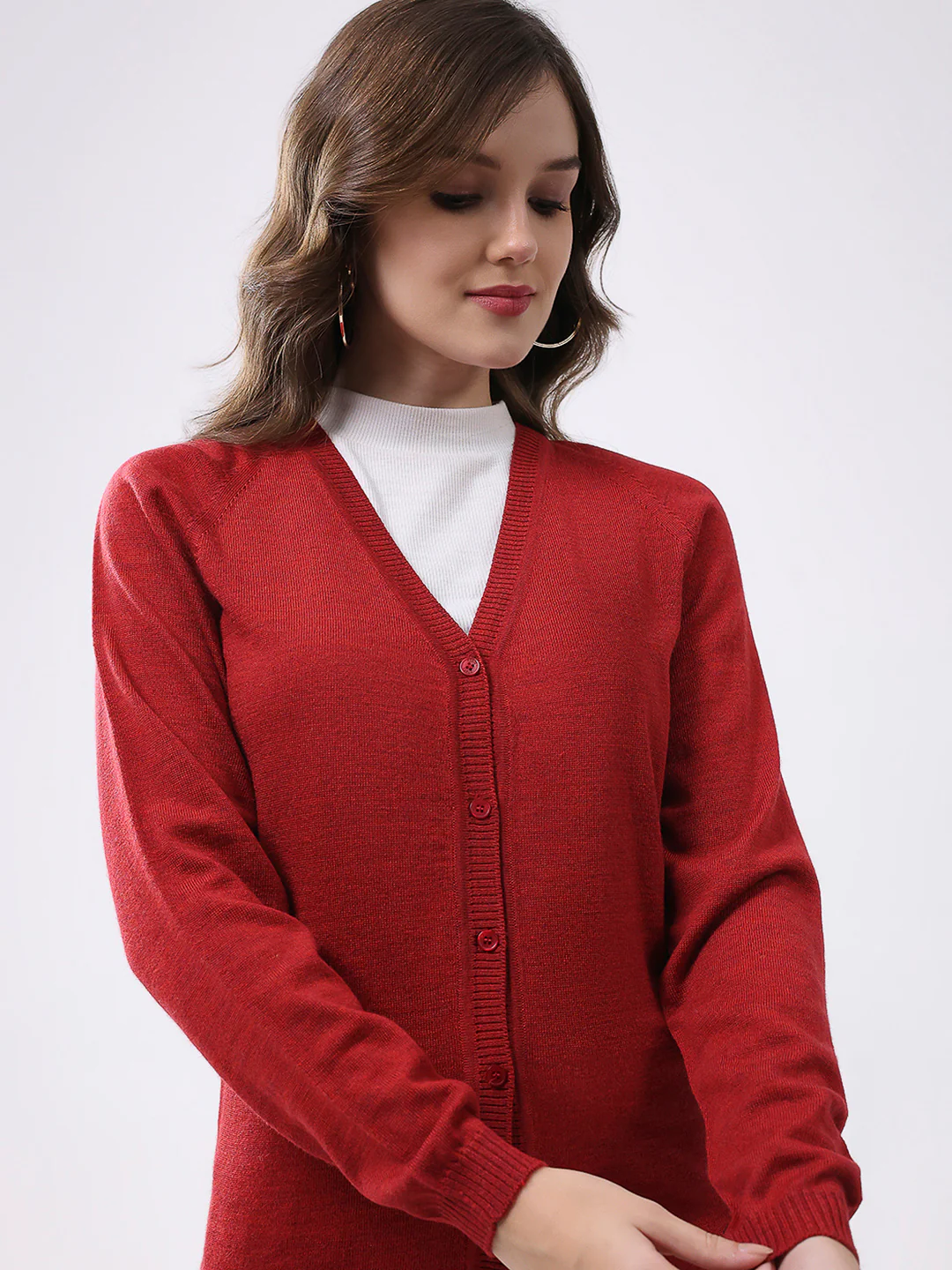 Women Red Solid V Neck Full Sleeve Cardigan - Image 6