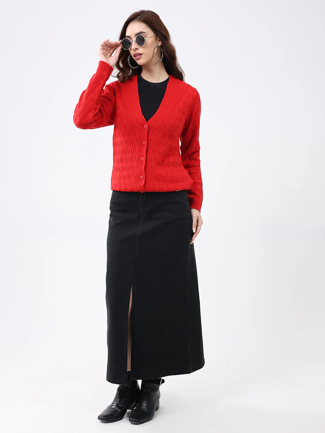 Women Red Solid V Neck Full Sleeve Cardigan - Image 2