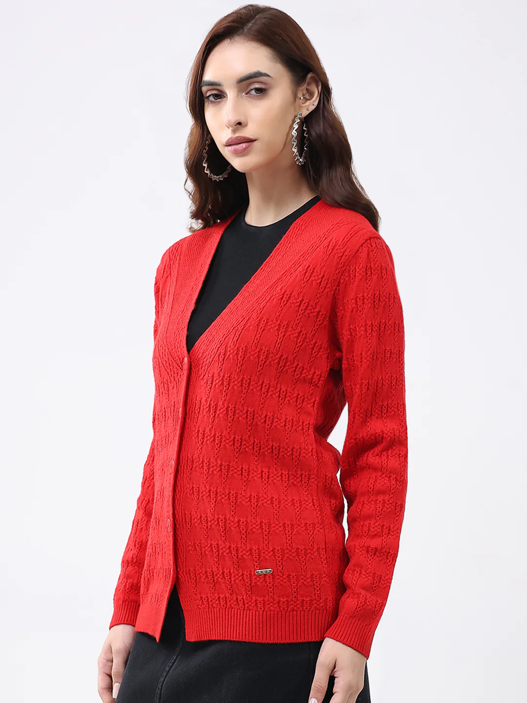 Women Red Solid V Neck Full Sleeve Cardigan - Image 3