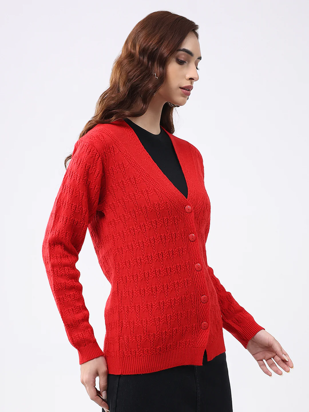 Women Red Solid V Neck Full Sleeve Cardigan - Image 4