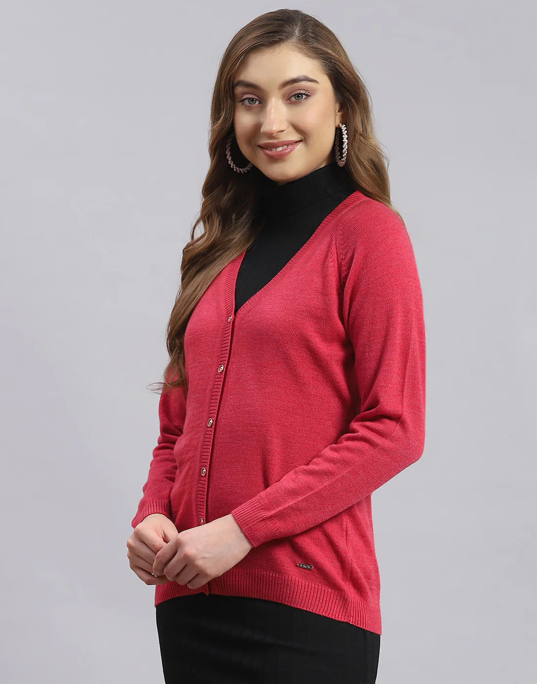 Women Red Solid V Neck Full Sleeve Sweater - Image 3