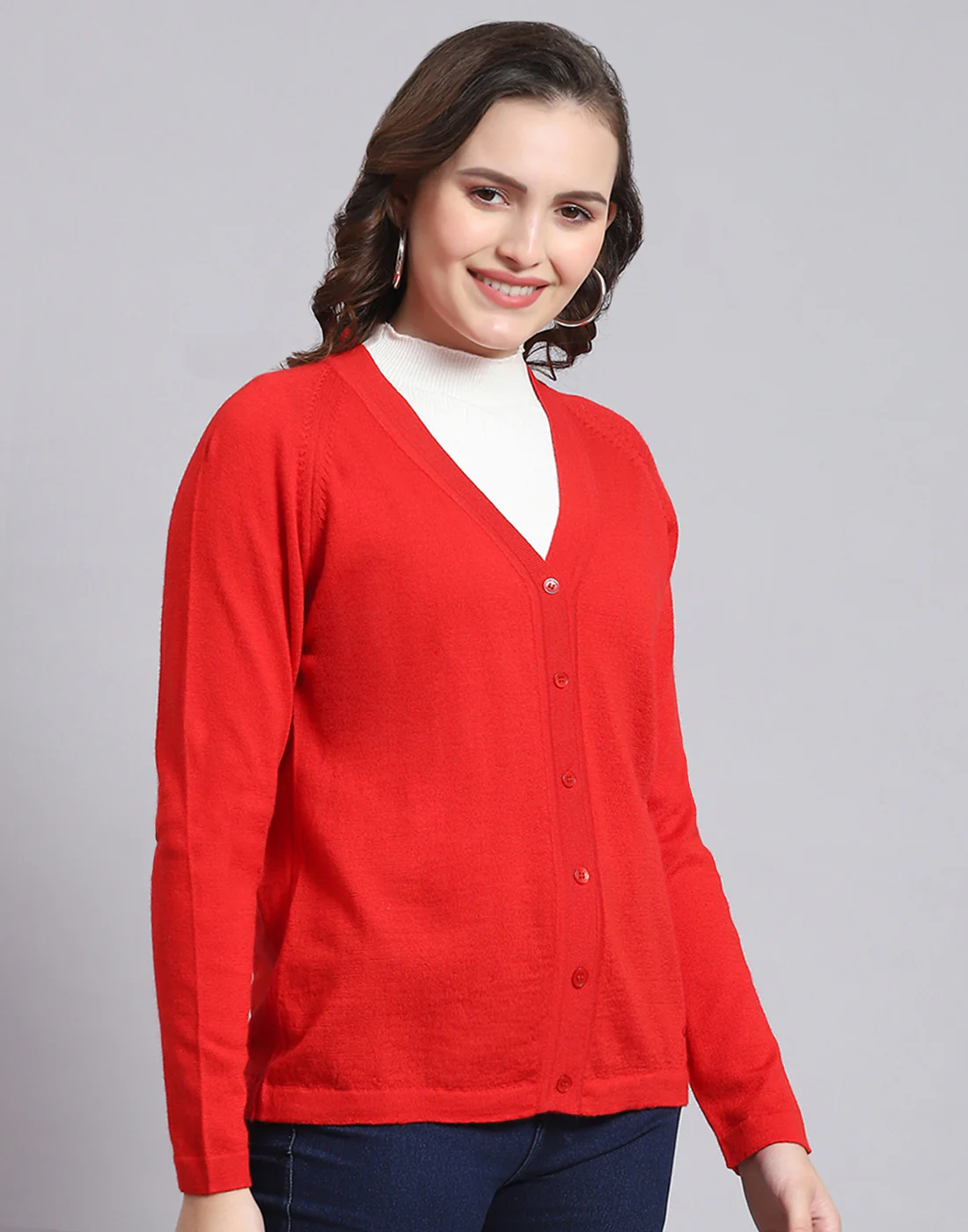 Women Red Solid V Neck Full Sleeve Sweater - Image 5