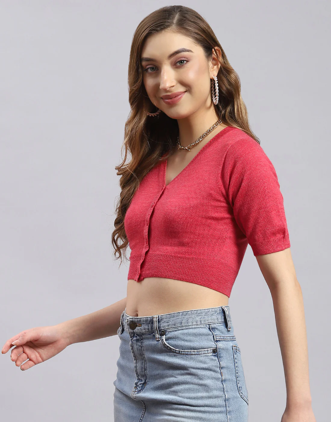 Women Red Solid V Neck Half Sleeve Blouse - Image 4