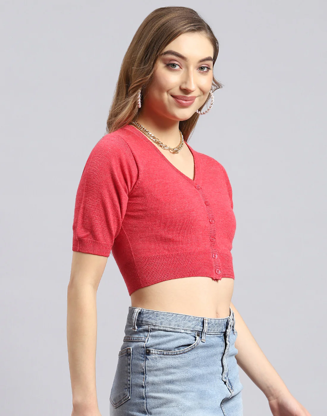 Women Red Solid V Neck Half Sleeve Blouse - Image 5