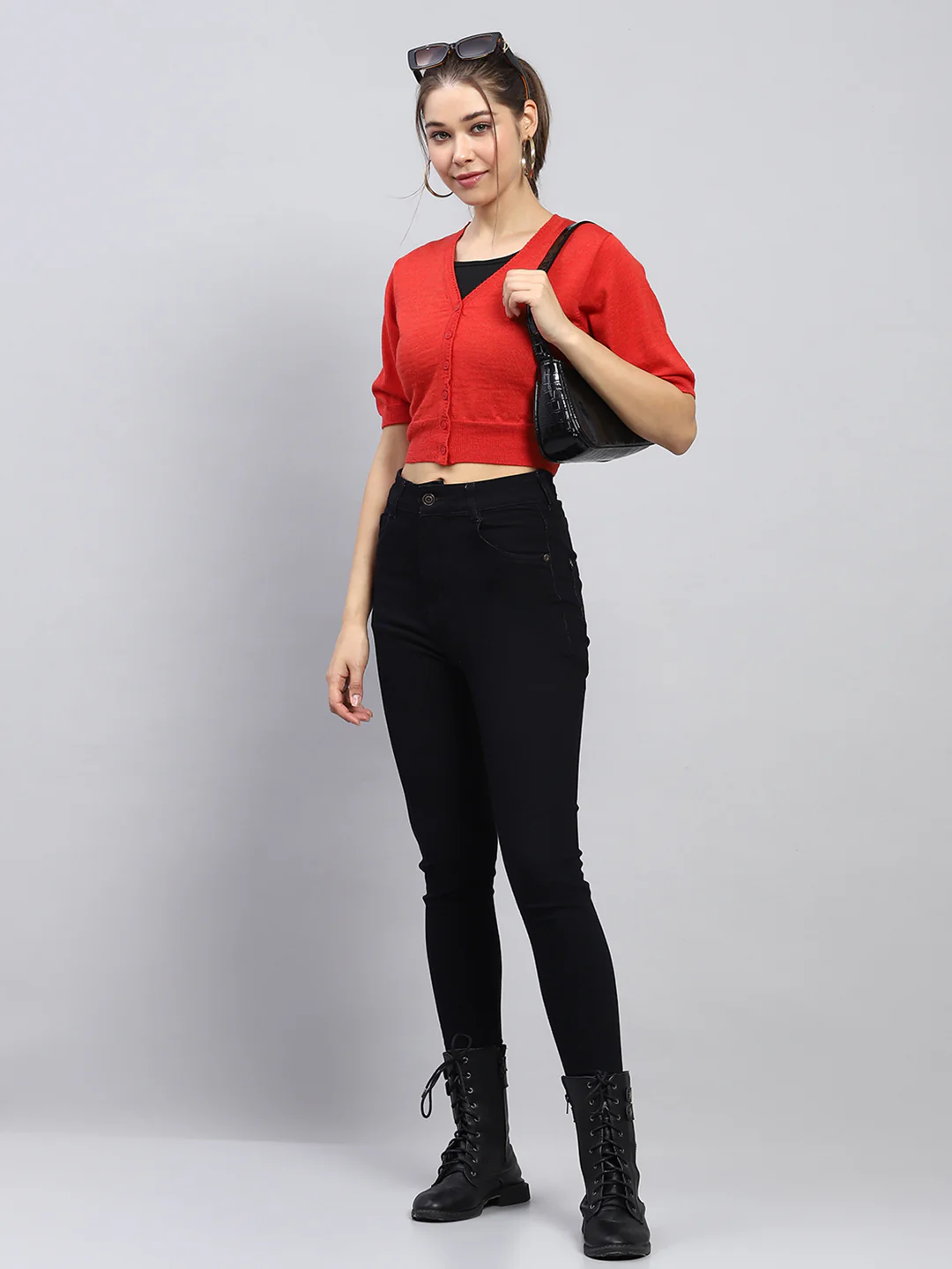 Women Red Solid V Neck Half Sleeve Blouse - Image 2