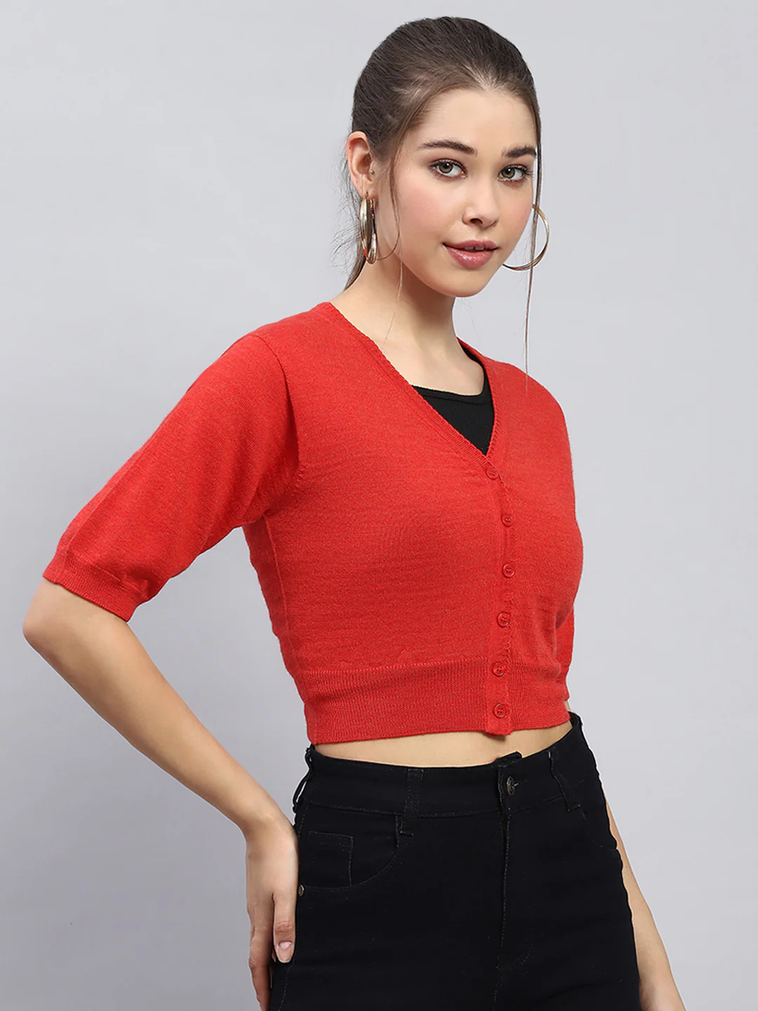 Women Red Solid V Neck Half Sleeve Blouse - Image 4