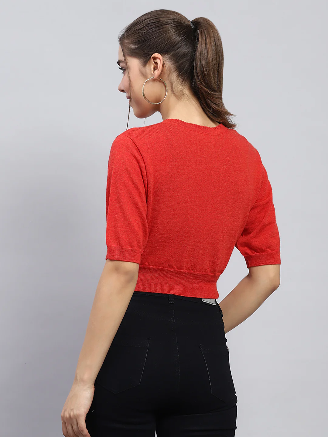 Women Red Solid V Neck Half Sleeve Blouse - Image 5