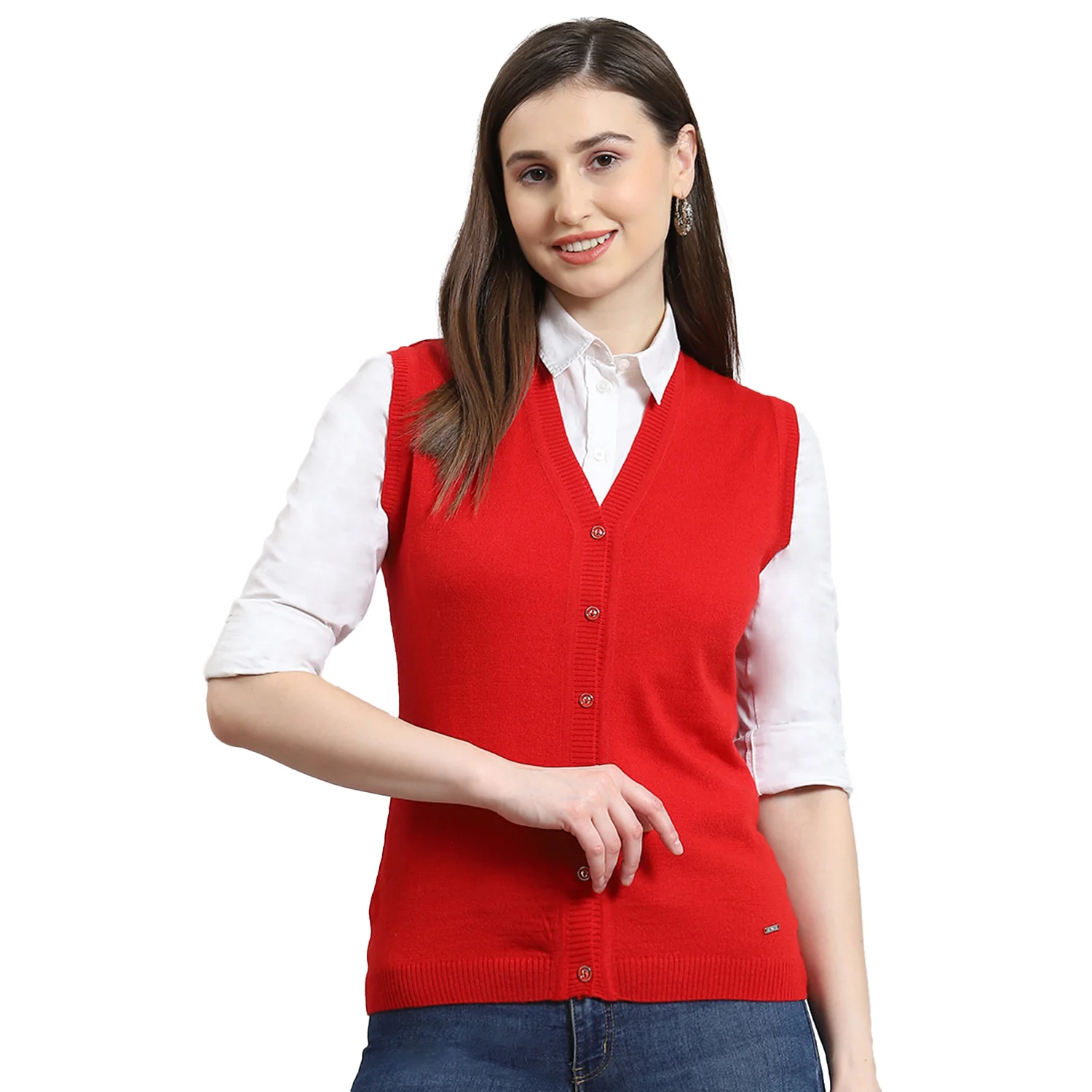 Women Red Solid V Neck Sleeveless Cardigan - Image 5