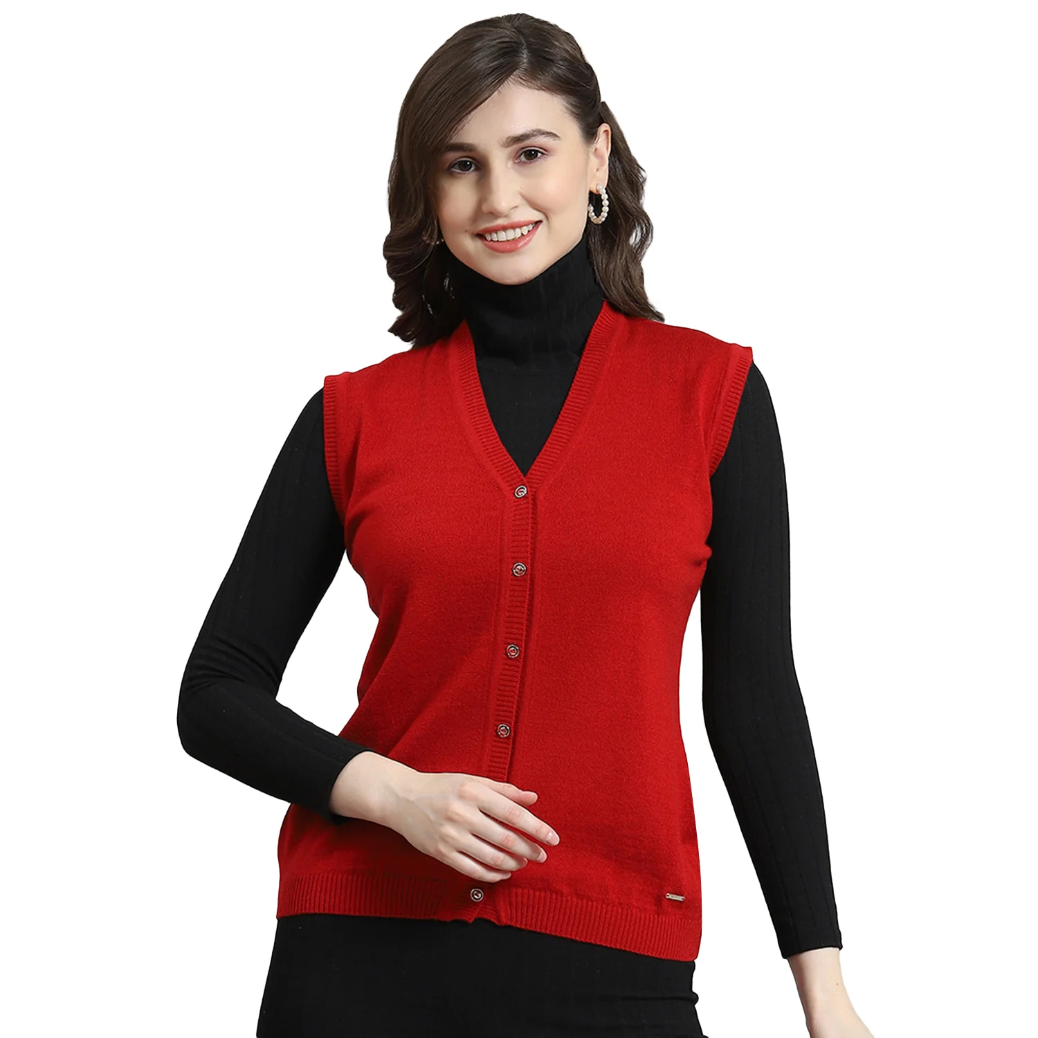 Women Red Solid V Neck Sleeveless Cardigan - Image 5