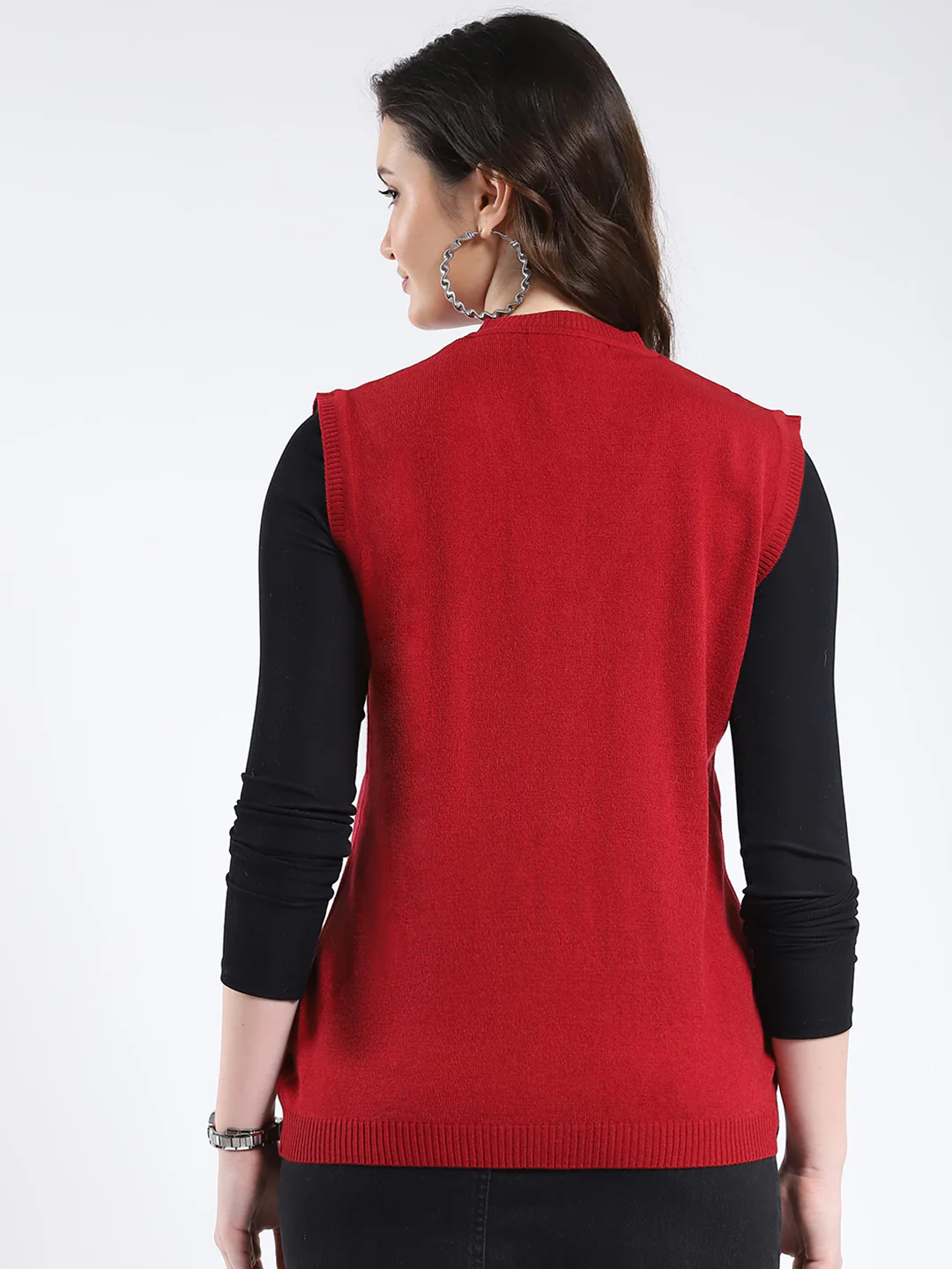 Women Red Solid V Neck Sleeveless Cardigan - Image 5