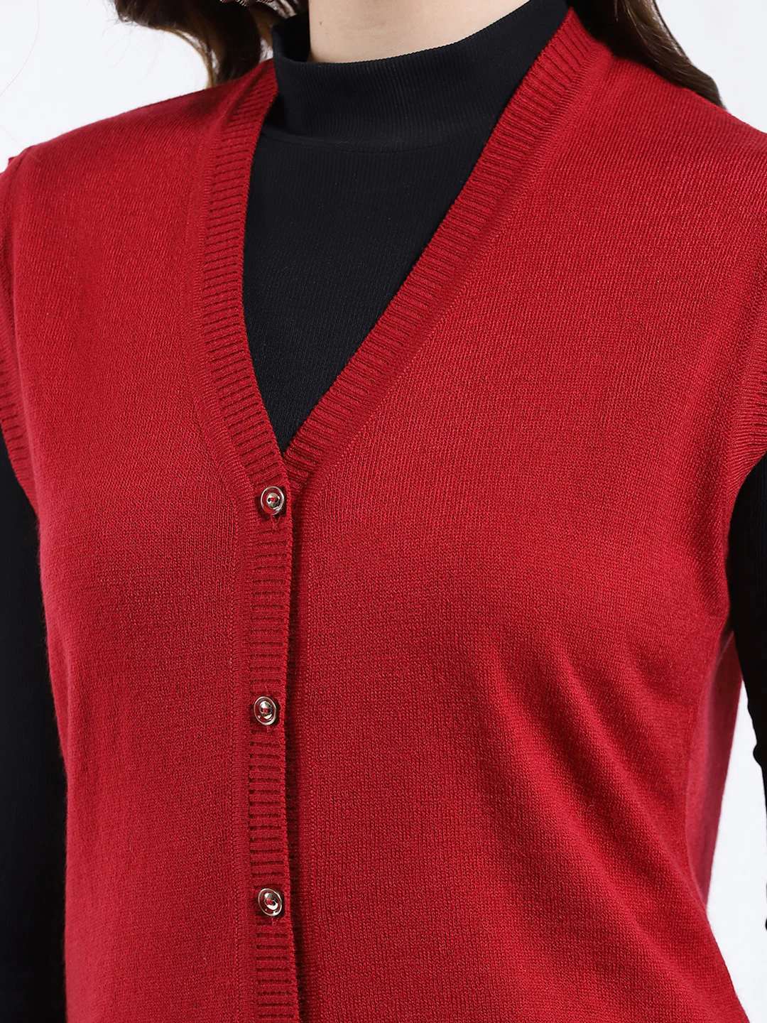 Women Red Solid V Neck Sleeveless Cardigan - Image 6