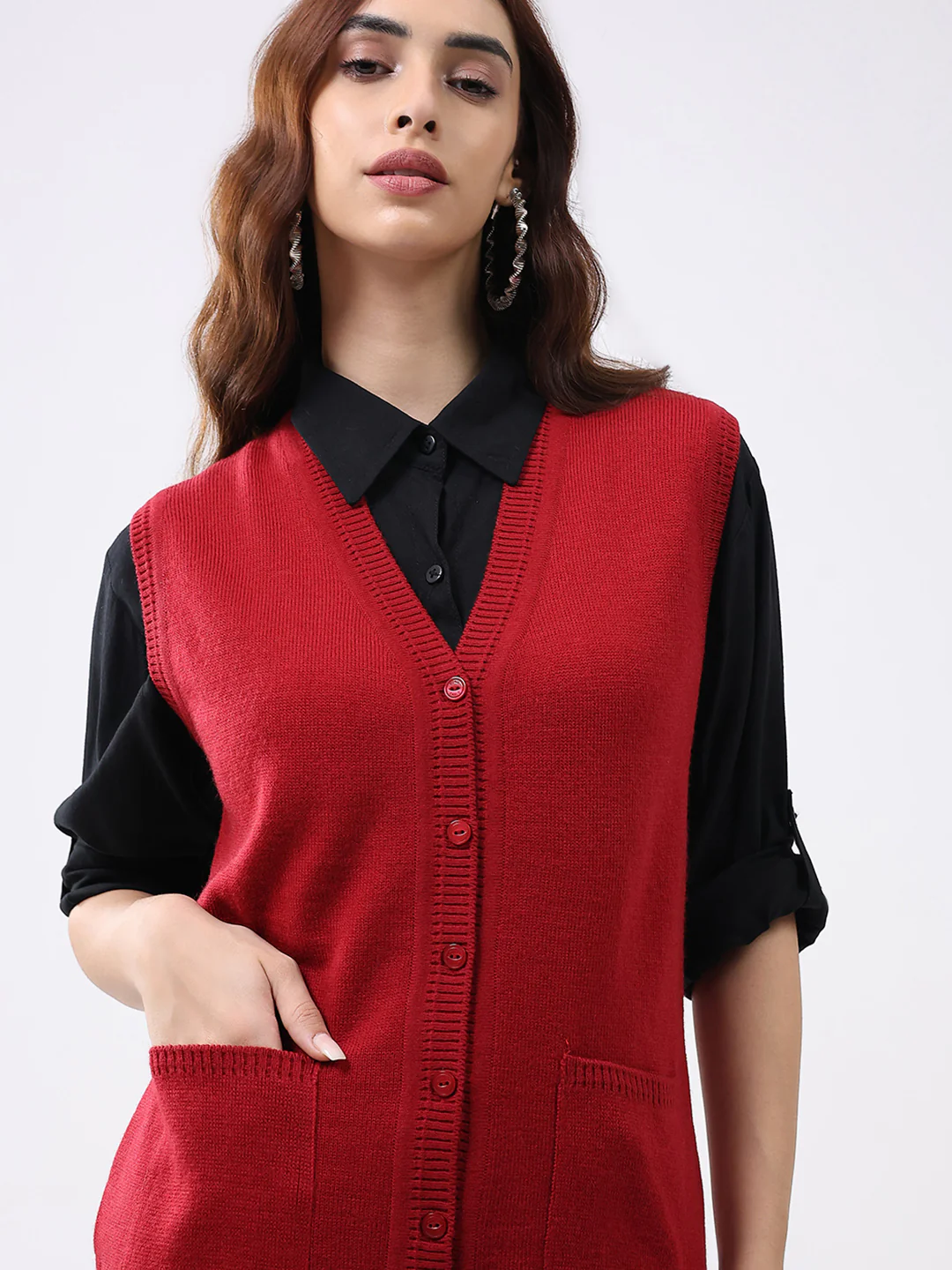 Women Red Solid V Neck Sleeveless Cardigan - Image 6