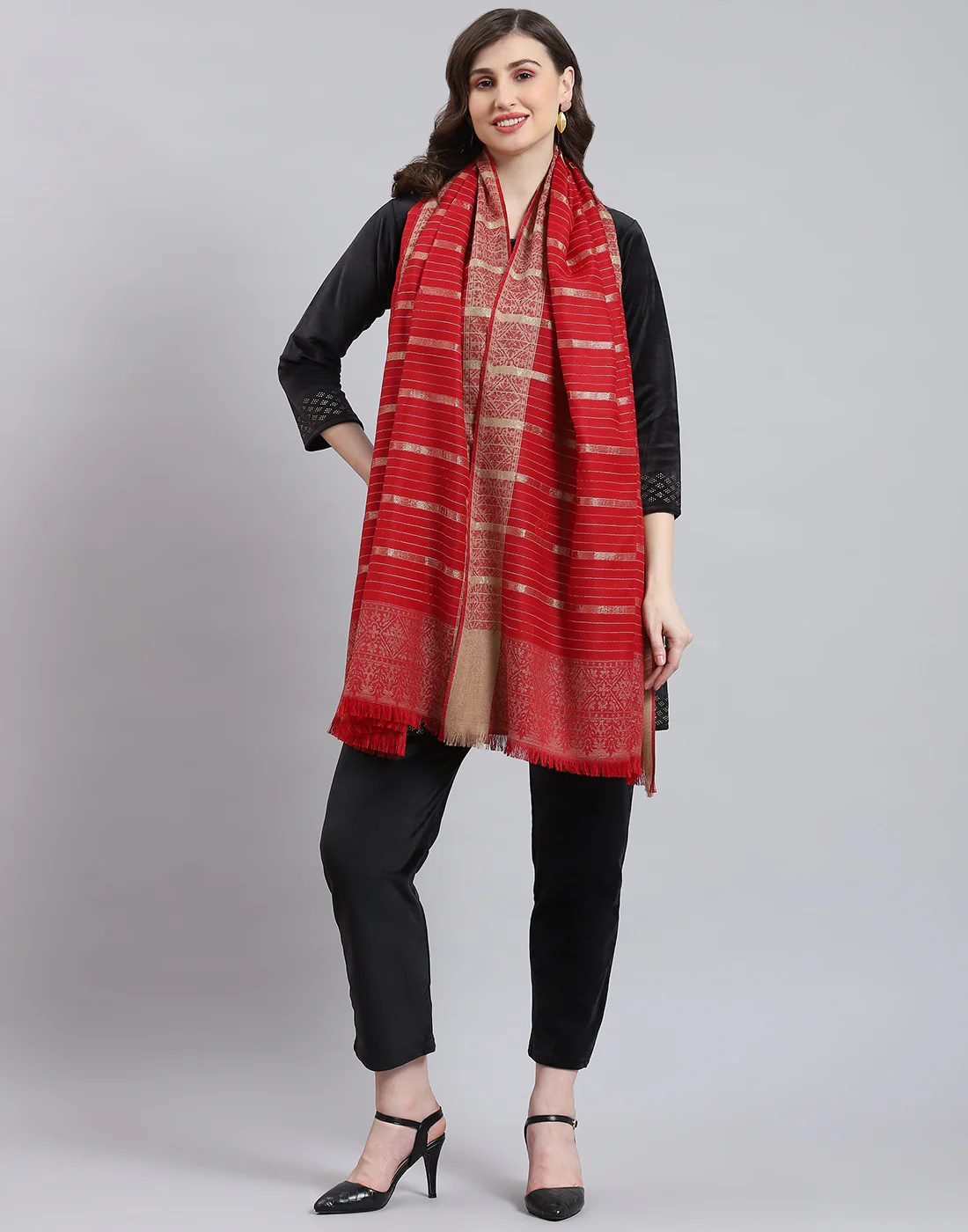 Women Red Stripe Shawl - Image 2
