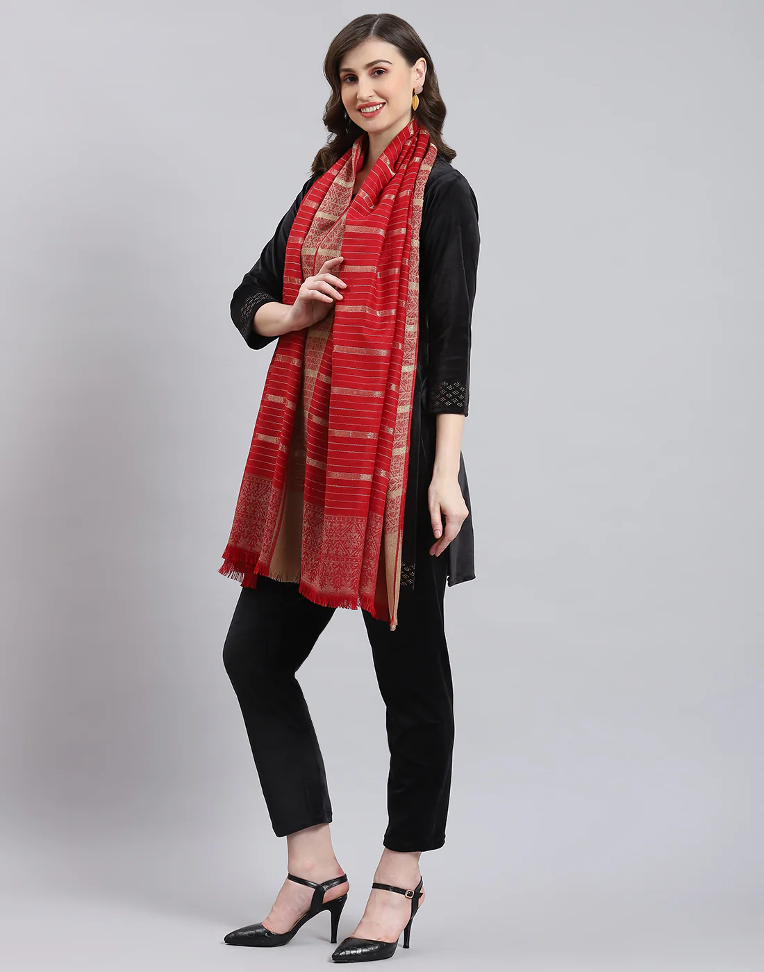 Women Red Stripe Shawl - Image 3