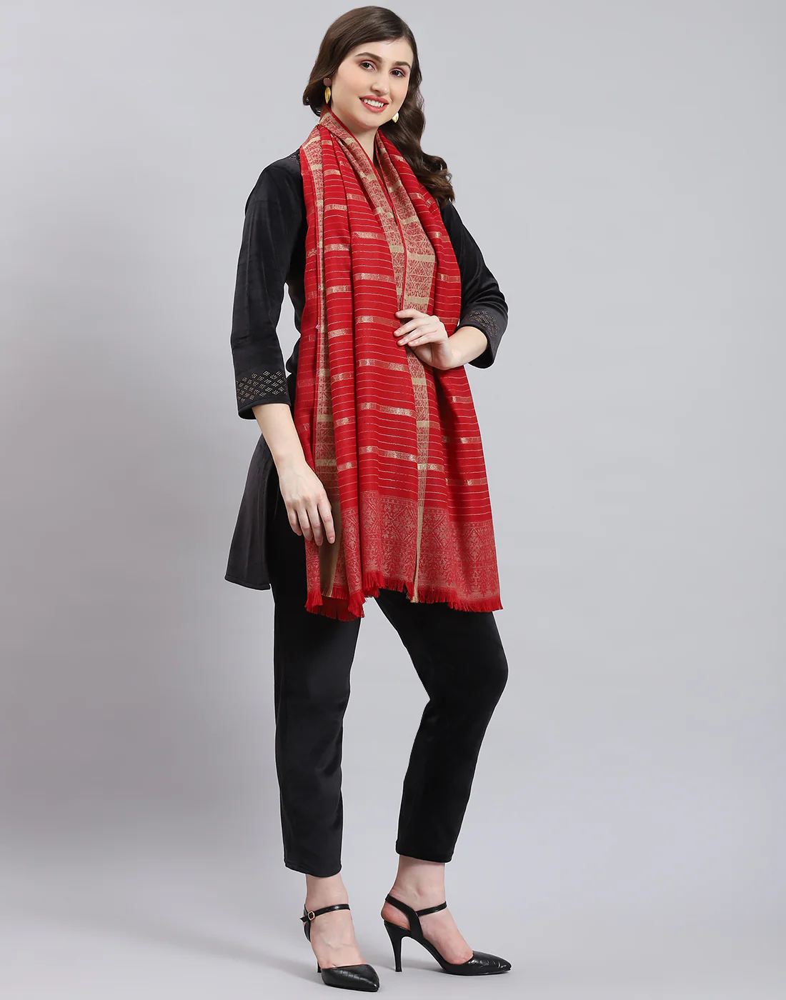 Women Red Stripe Shawl - Image 4
