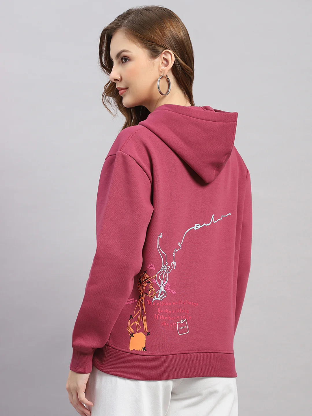 Women Rose Pink Printed Hooded Full Sleeve Sweatshirt - Image 5