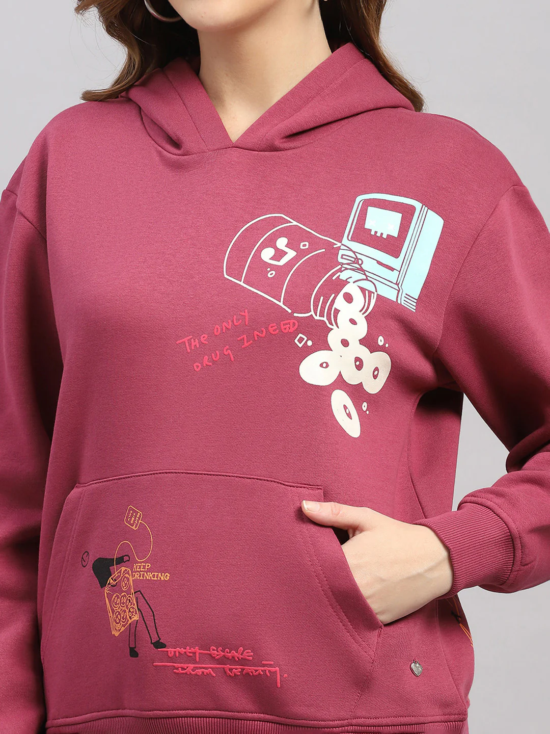 Women Rose Pink Printed Hooded Full Sleeve Sweatshirt - Image 6