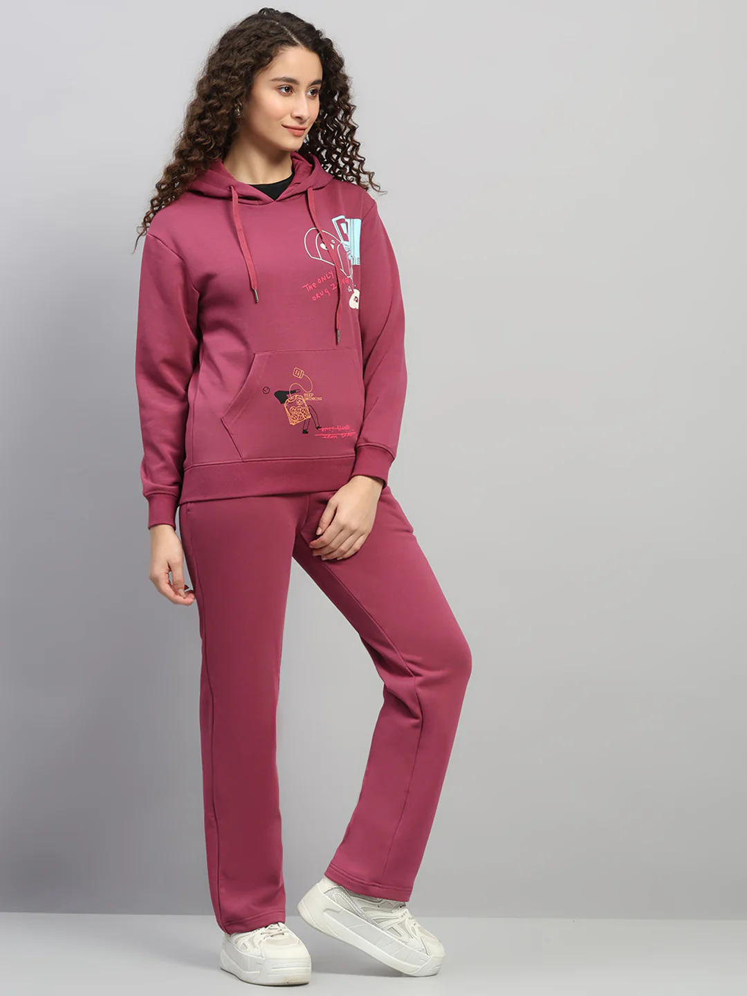 Women Rose Pink Printed Hooded Full Sleeve Winter Tracksuit - Image 4