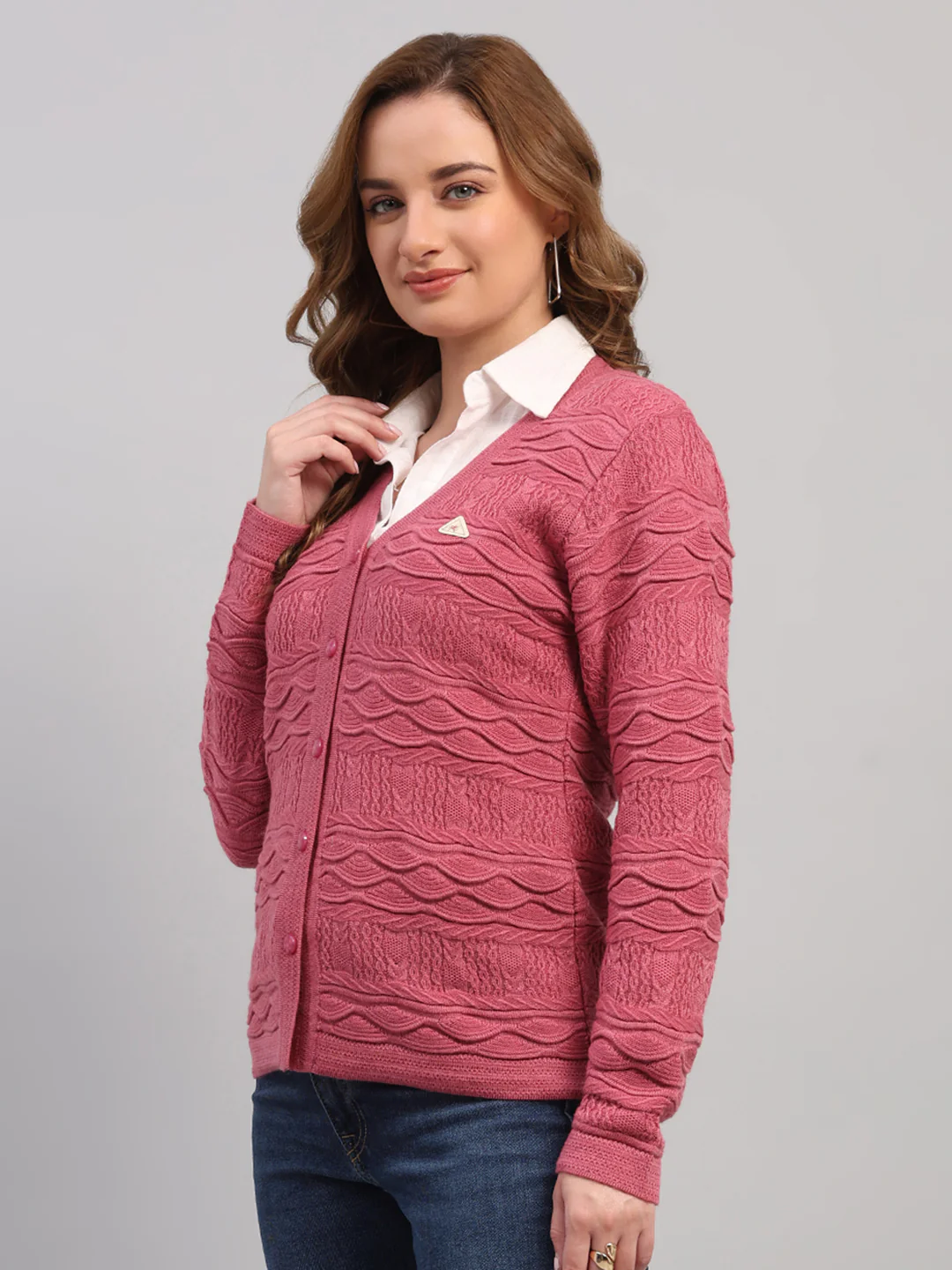 Women Rose Pink Self Design V Neck Full Sleeve Cardigan - Image 3
