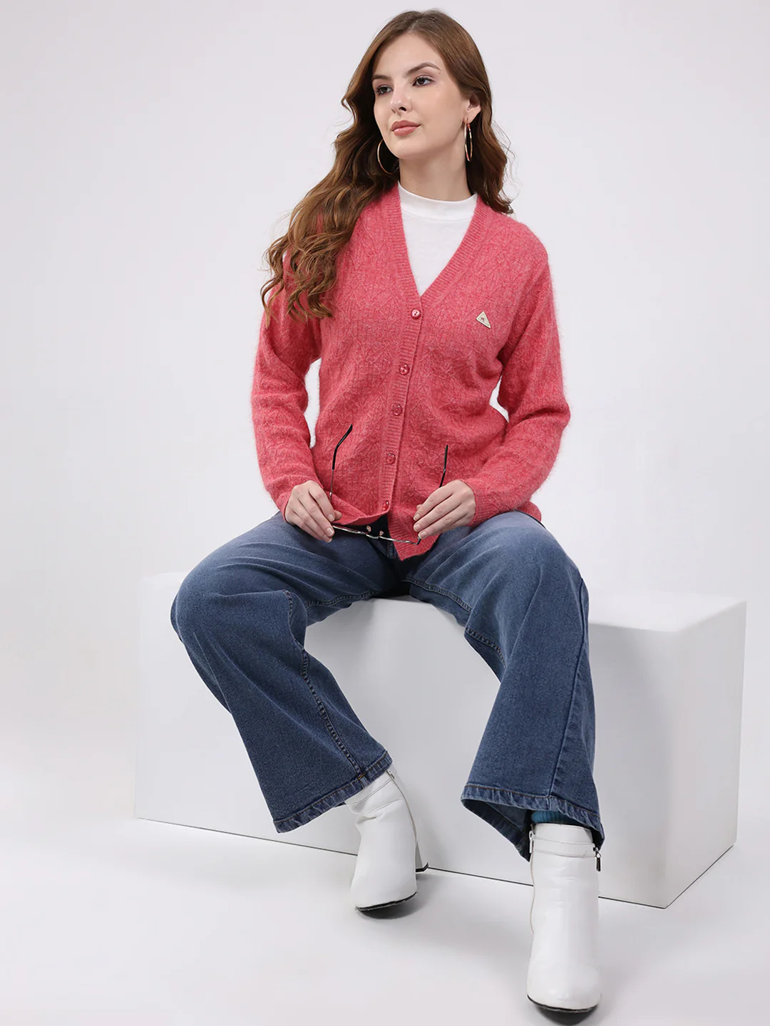 Women Rose Pink Self Design V Neck Full Sleeve Cardigan - Image 2