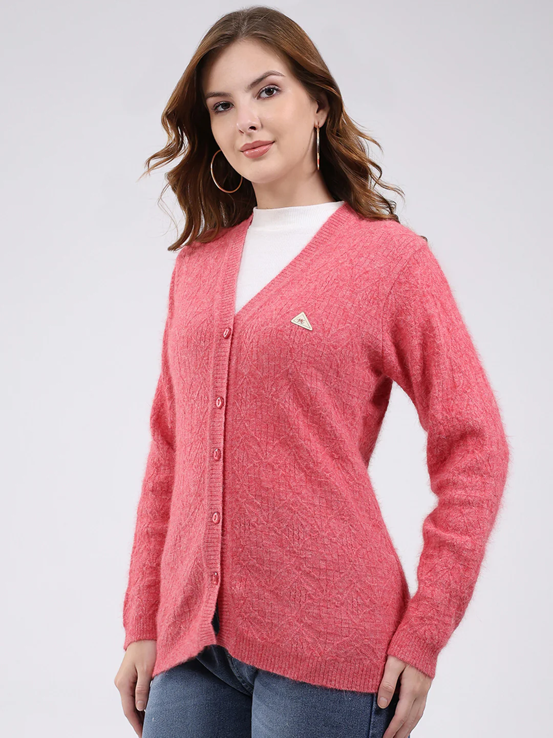 Women Rose Pink Self Design V Neck Full Sleeve Cardigan - Image 3
