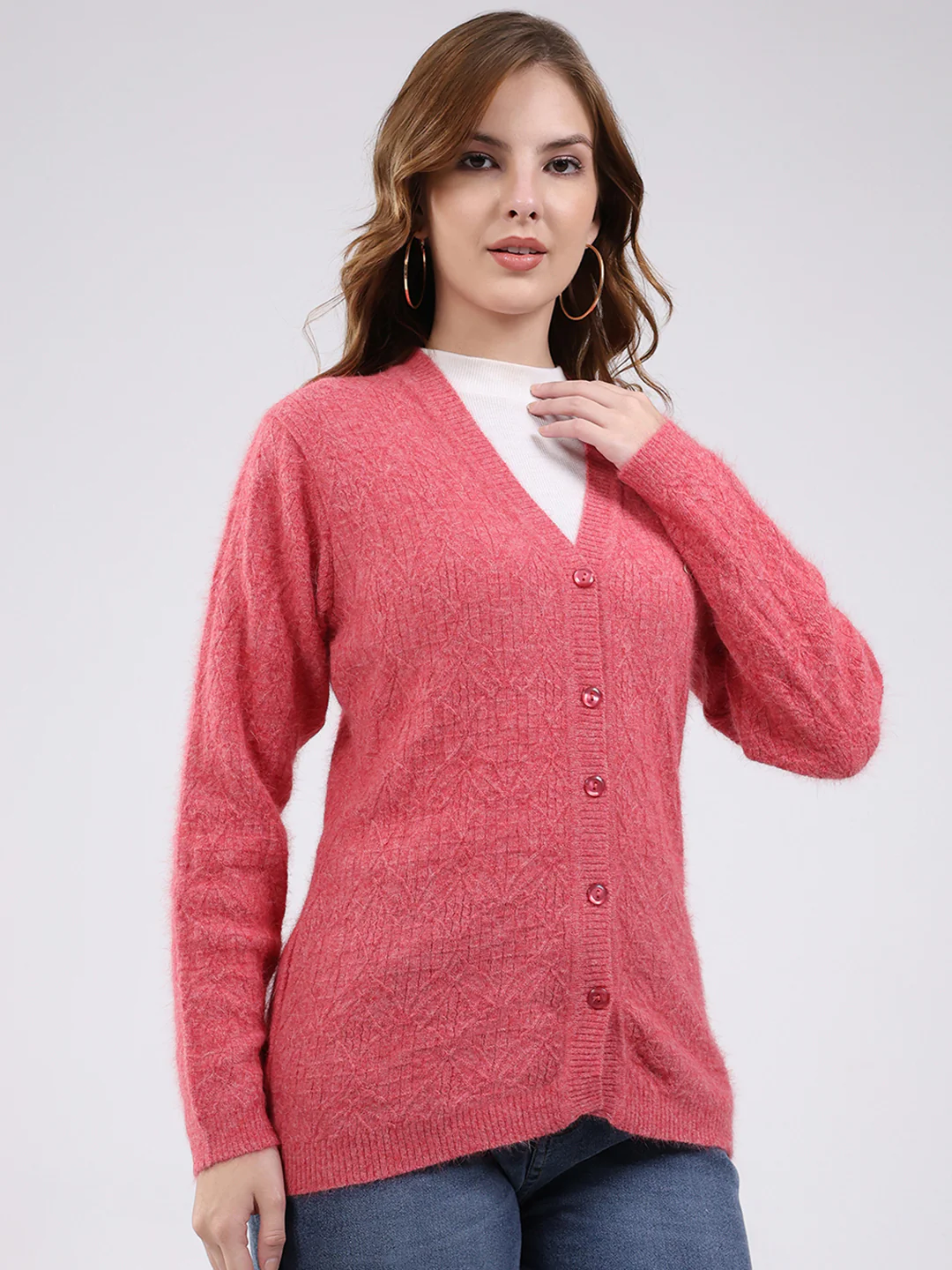 Women Rose Pink Self Design V Neck Full Sleeve Cardigan - Image 4