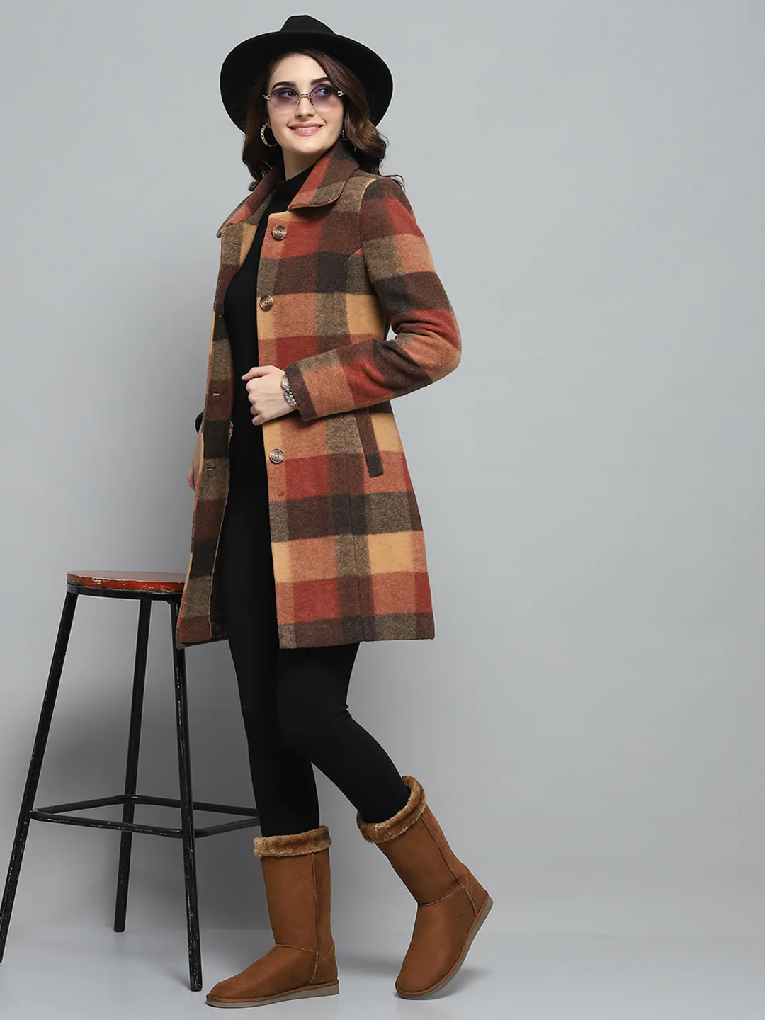 Women Rust Check Collar Full Sleeve Coat - Image 2
