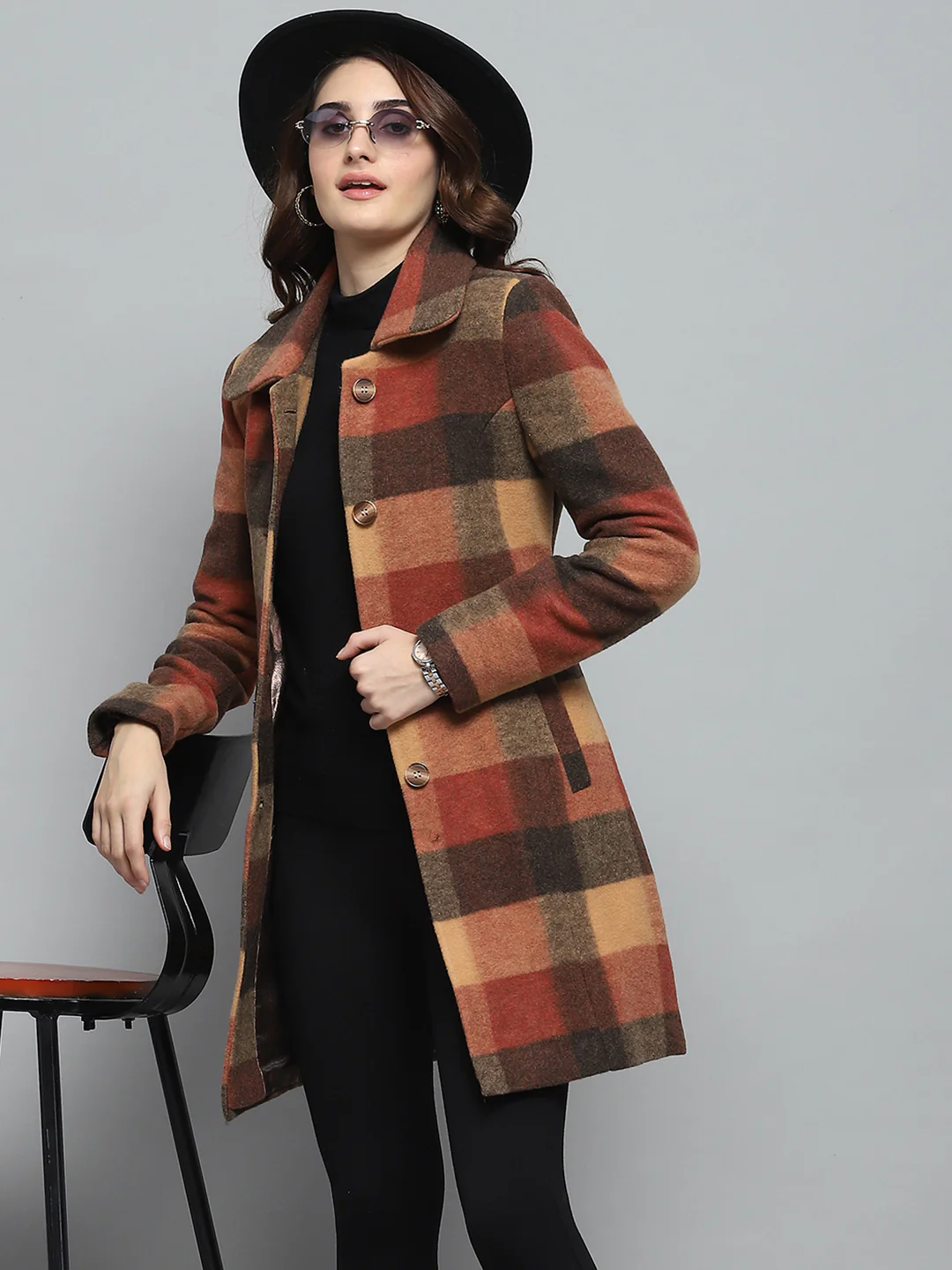 Women Rust Check Collar Full Sleeve Coat - Image 6