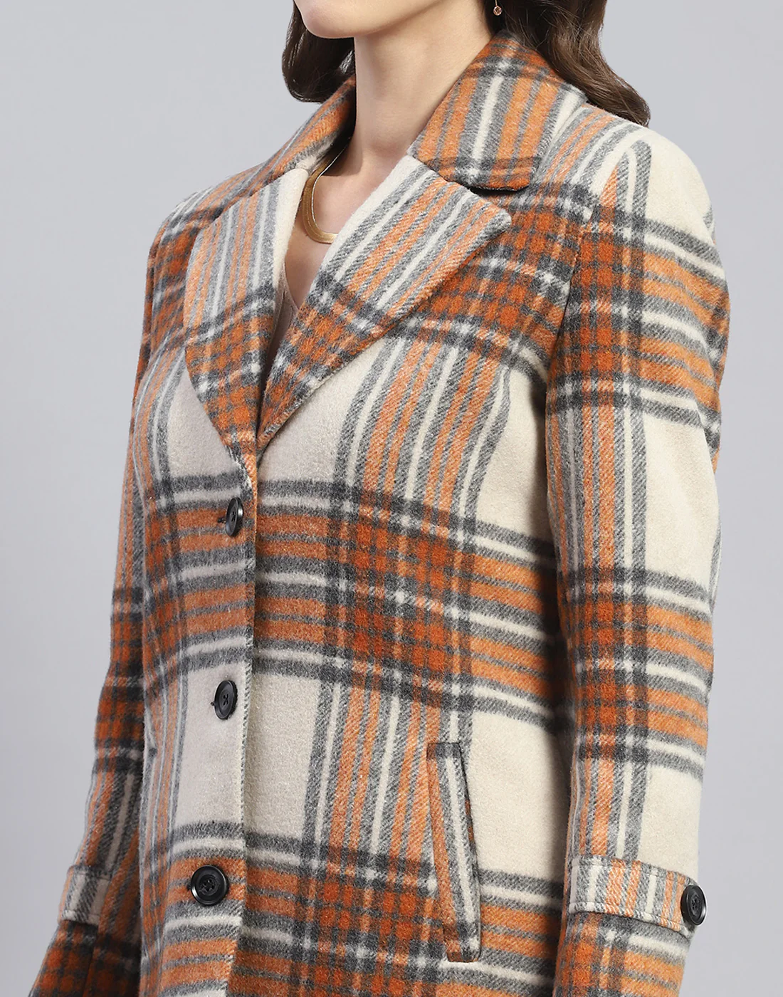 Women Rust Check Lapel Collar Full Sleeve Coat - Image 6
