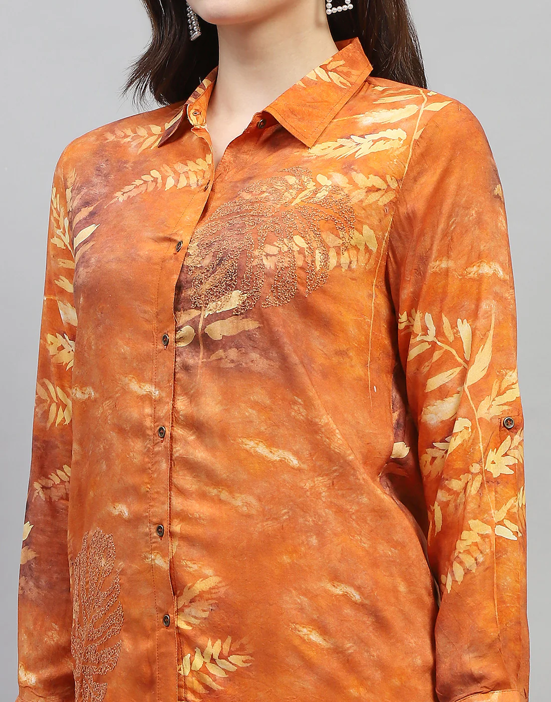 Women Rust Embroidered Collar Neck Full Sleeve Cords Set - Image 2