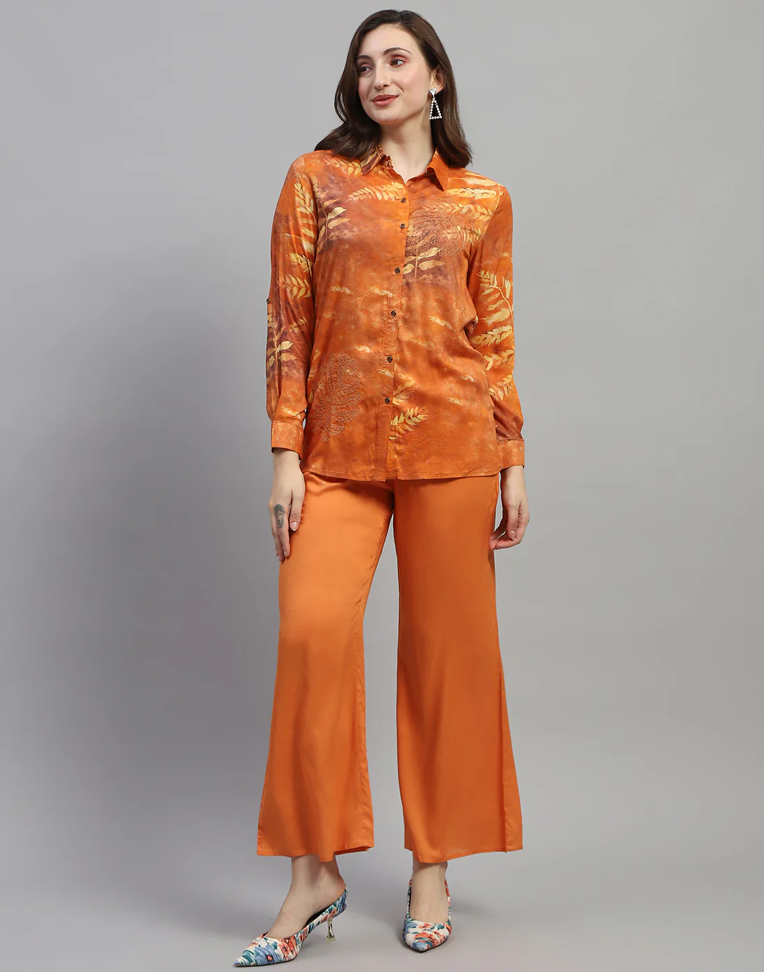 Women Rust Embroidered Collar Neck Full Sleeve Cords Set - Image 3